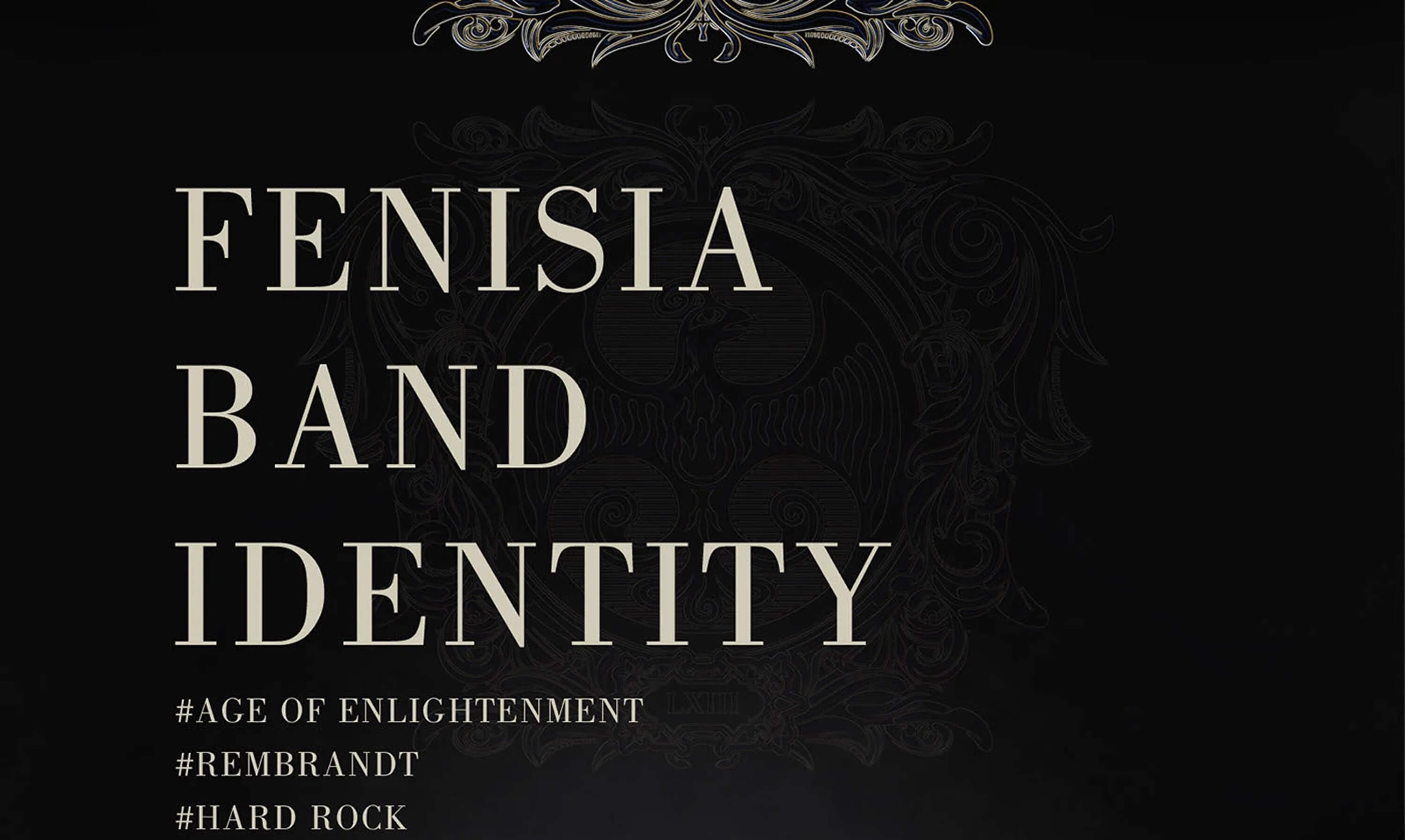 Cover — Fenisia band identity, tagged age of enlightenment, Rembrandt and hard rock, over the ornate crest embossed in the black background