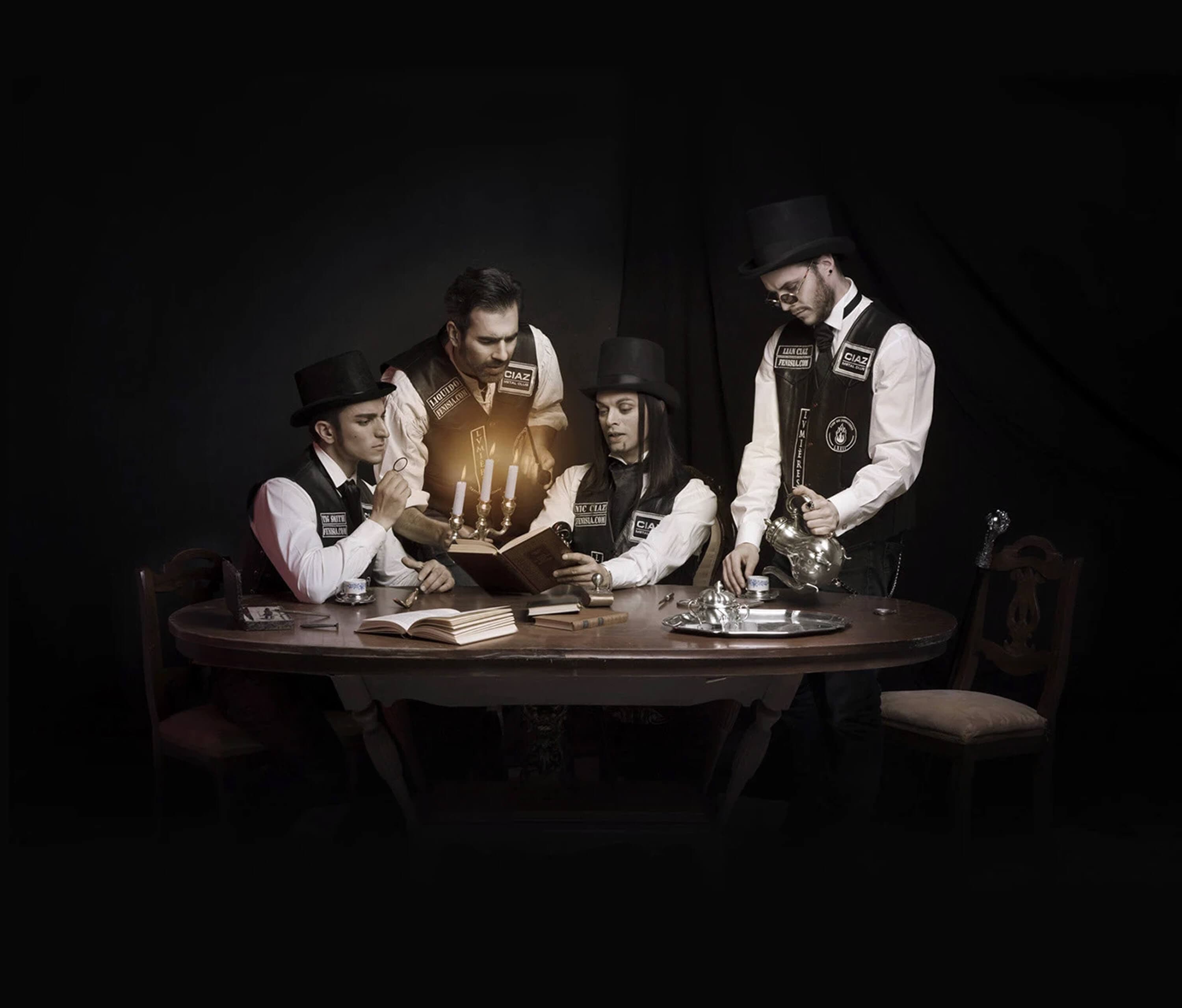 The full scene by candlelight — the four members around the table with the lit candelabra, the open book, the silver teapot and tray, in a Rembrandt-style light