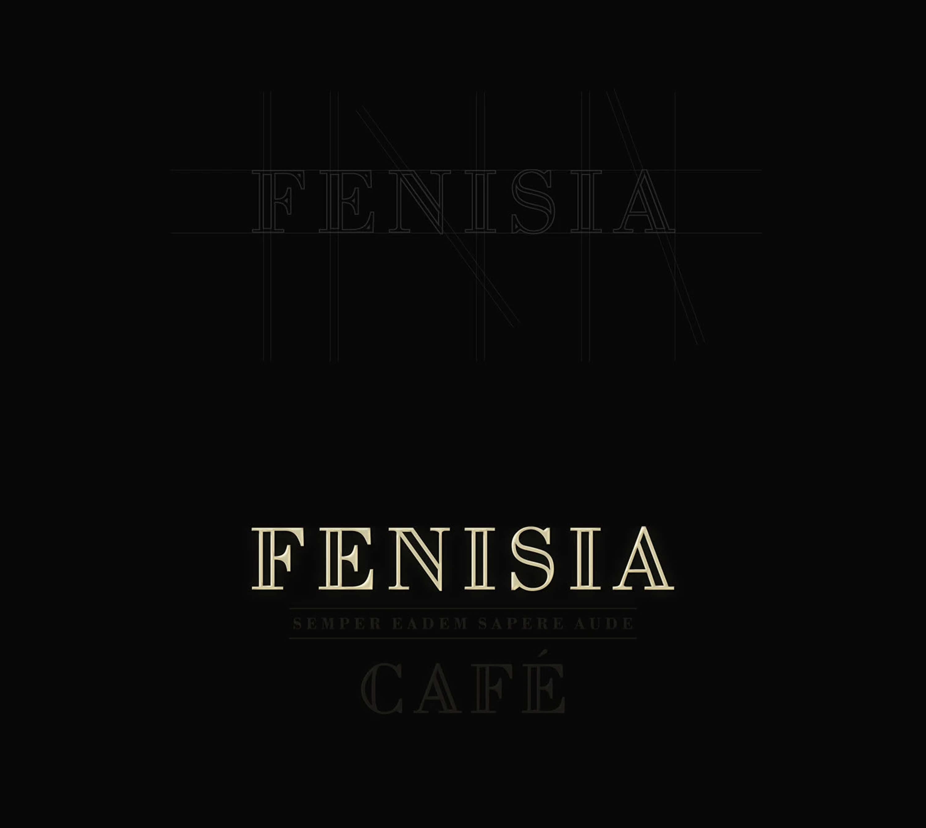 Logotype construction — the Fenisia wordmark on its drawing grid, above the finished lockup with the motto semper eadem sapere aude and the word cafe