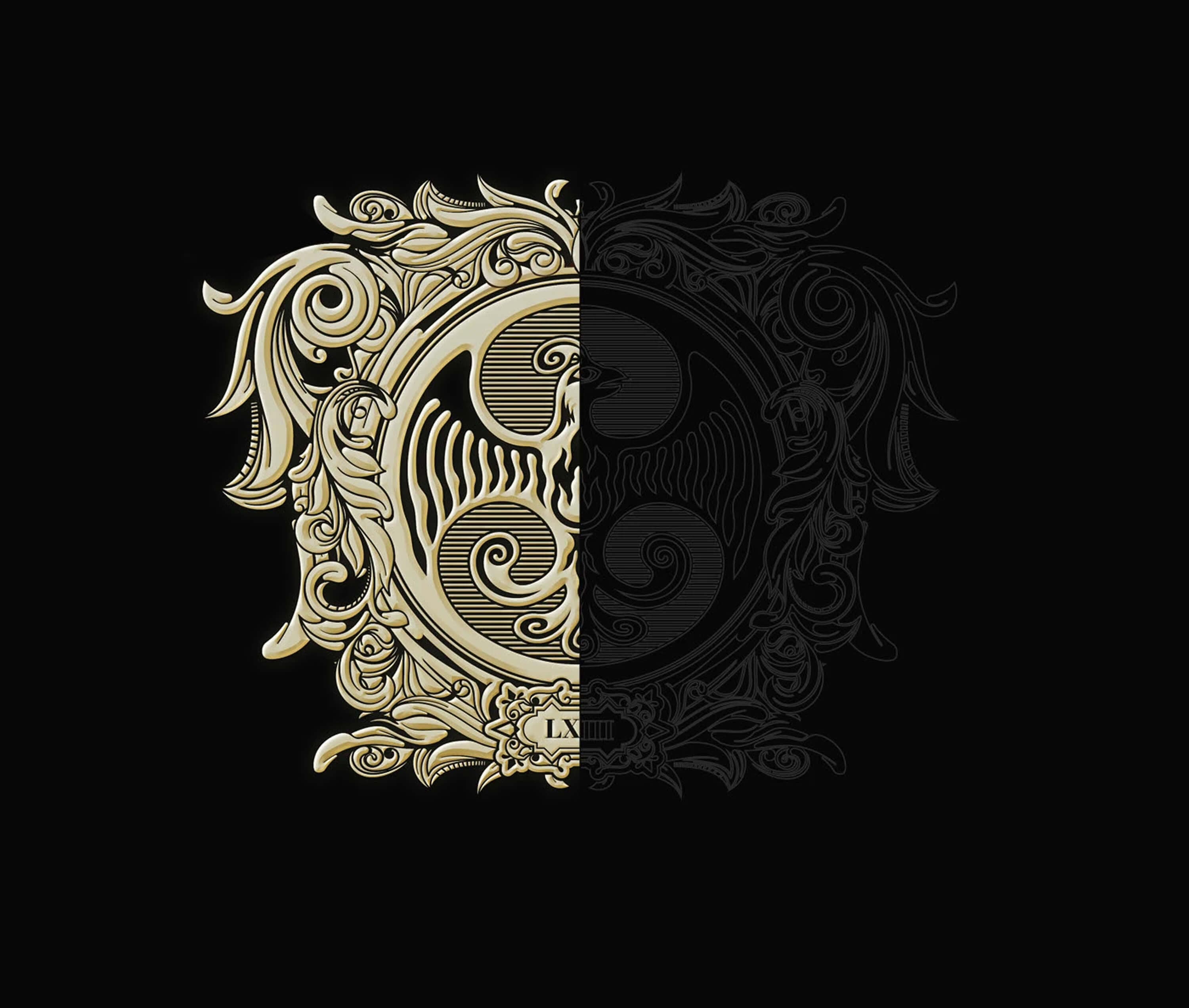 The crest — an ornate phoenix medallion framed in scrollwork with the Roman numeral LXIII, shown half in cream relief and half in flat black