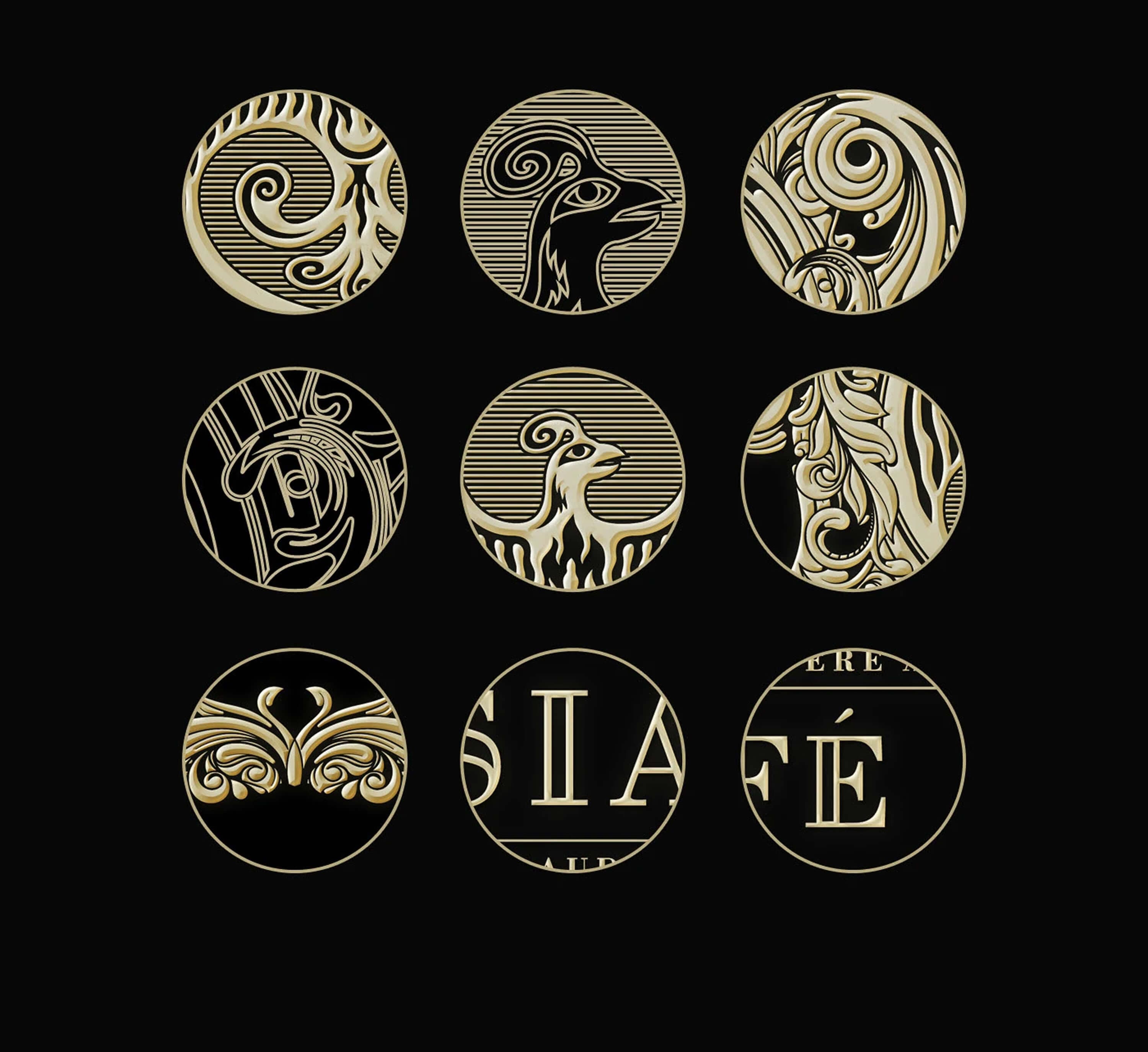Nine circular details of the crest — the phoenix head, the flames, the scrollwork flourishes and fragments of the wordmark, each cropped into a coin-like disc
