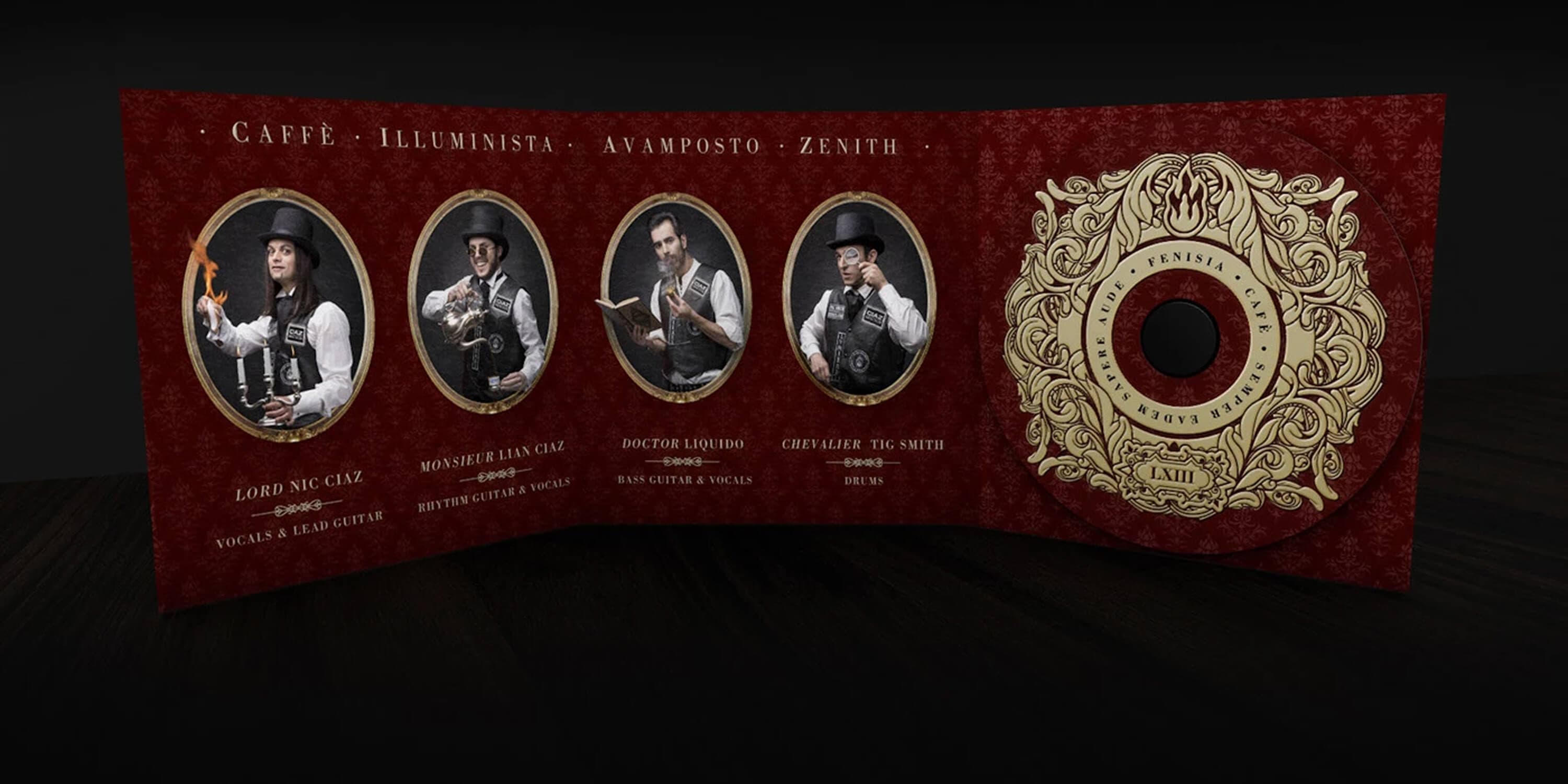 The open digipack standing on a dark table — the four oval member portraits on the red damask inner panel, next to the printed disc