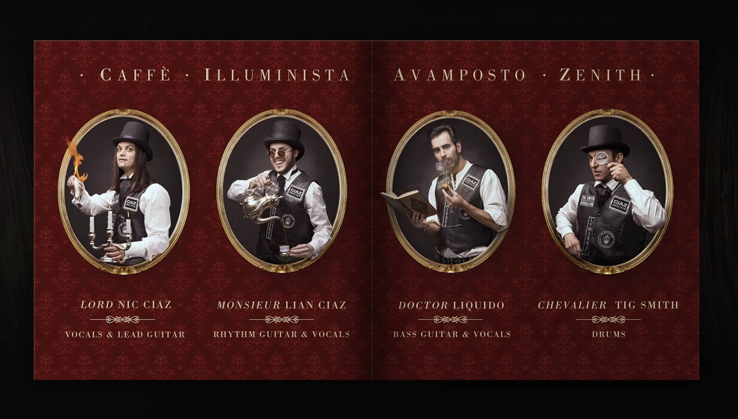 Inside the digipack — the four members in gilt oval frames with their stage names and roles: vocals and lead guitar, rhythm guitar and vocals, bass guitar and vocals, drums