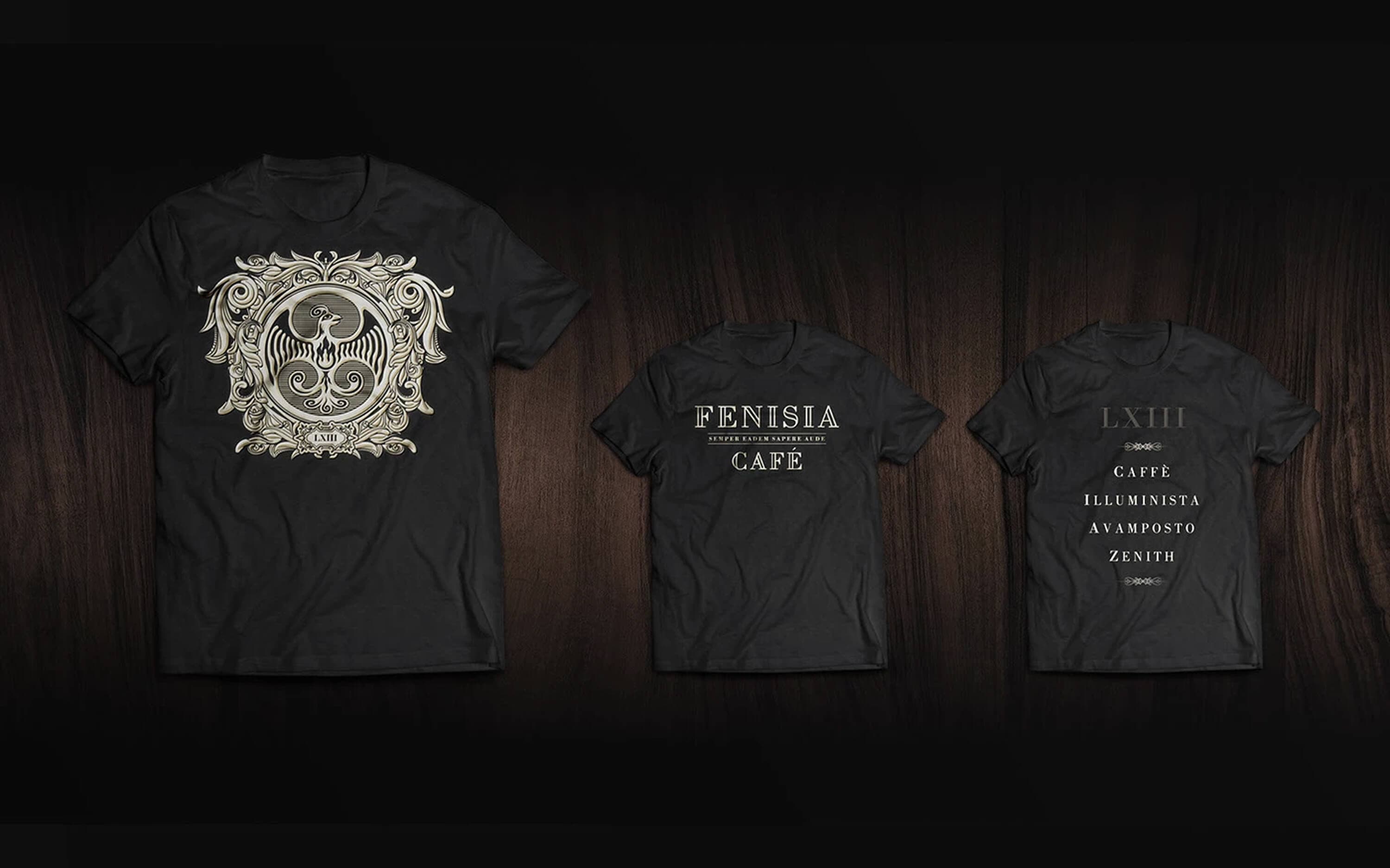 Merchandise — three black t-shirts: the large phoenix crest on the front, the Fenisia Cafe wordmark, and the track list on the back