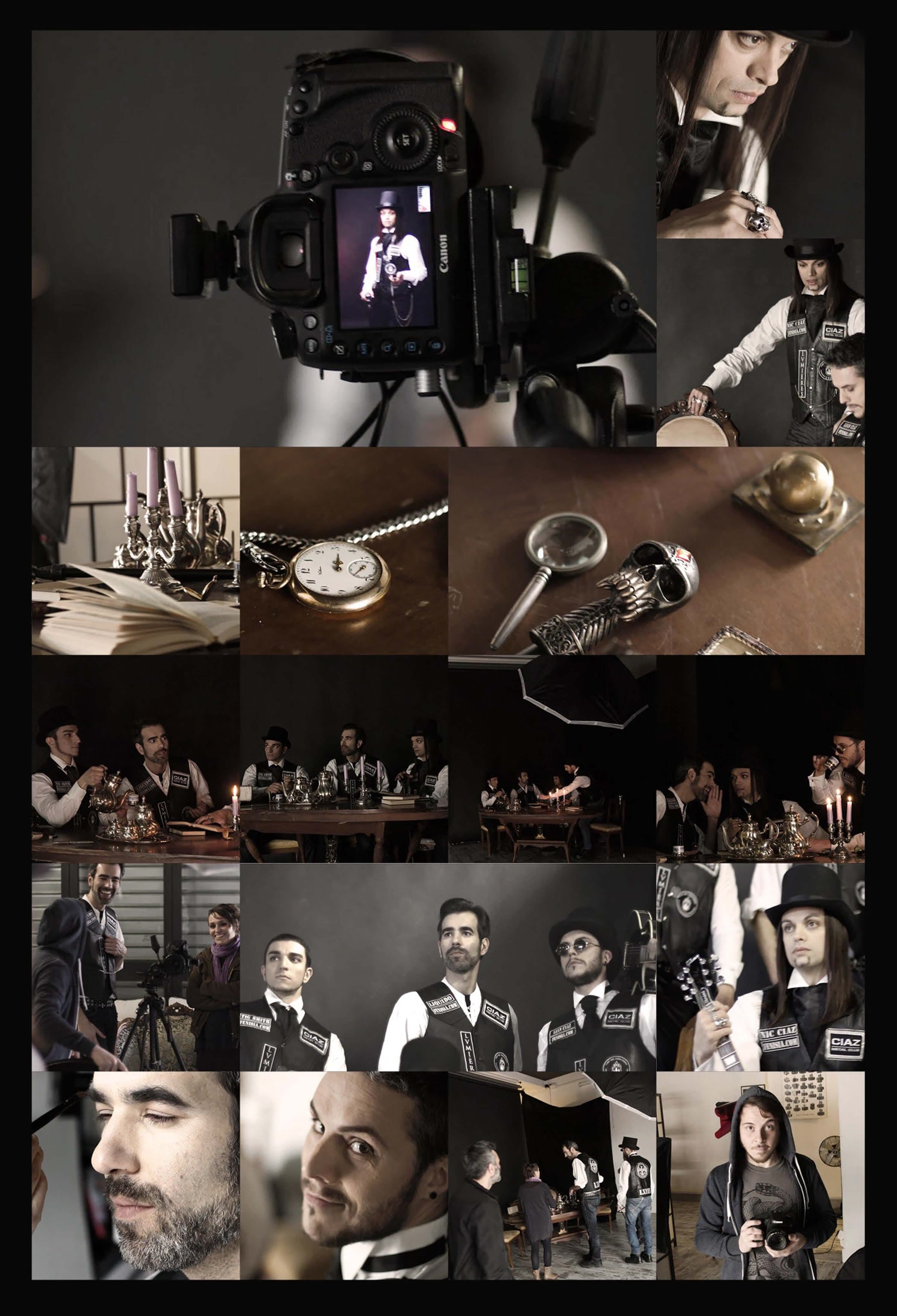 Behind the scenes contact sheet — the camera back framing a member, the props on set (candelabra, pocket watch, magnifying glass, skull ring), the crew shooting the table scene, and portraits between takes