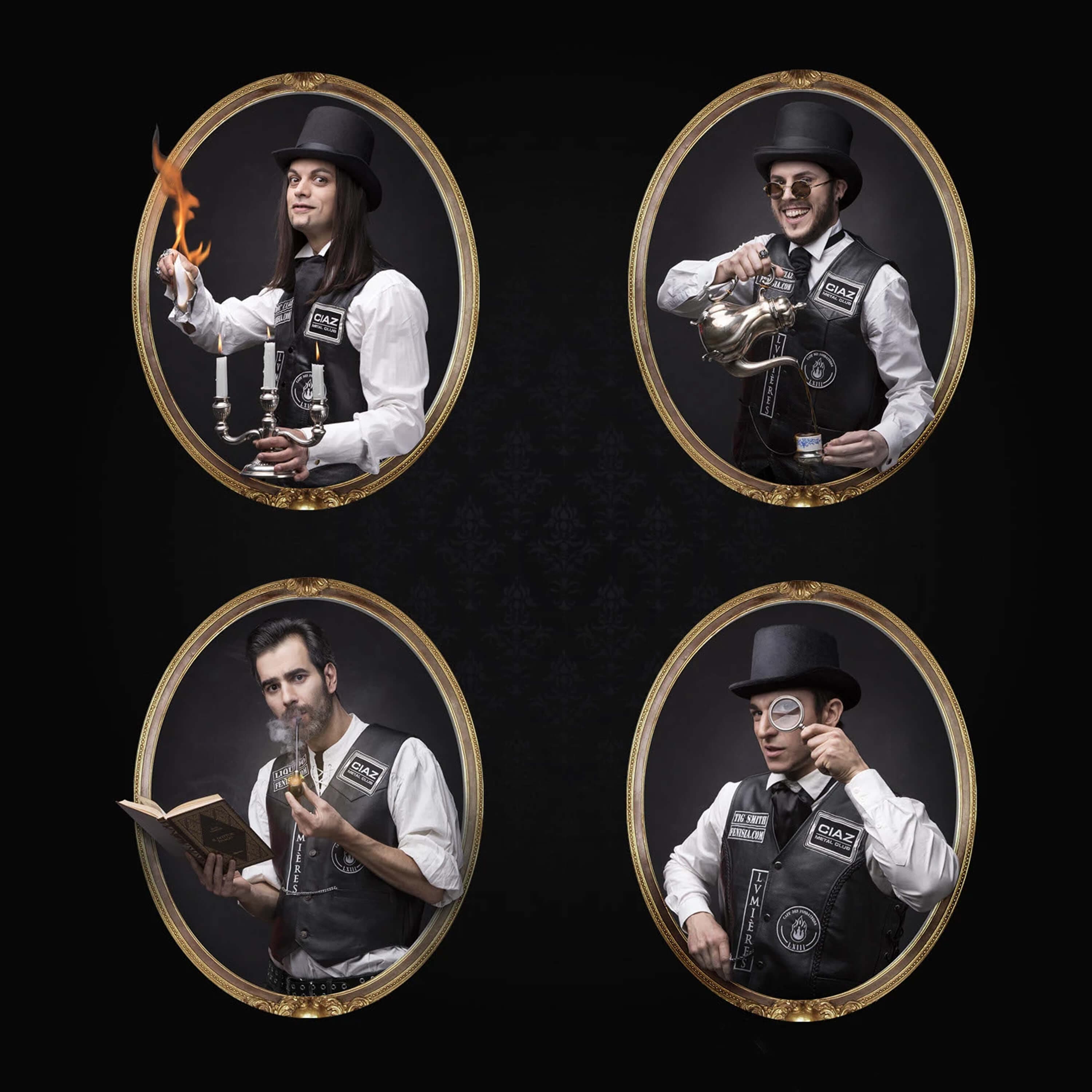 The four portraits in gilt oval frames on black damask — one lighting a candelabra, one pouring tea from a silver pot, one reading with a pipe, one holding a magnifying glass to his eye