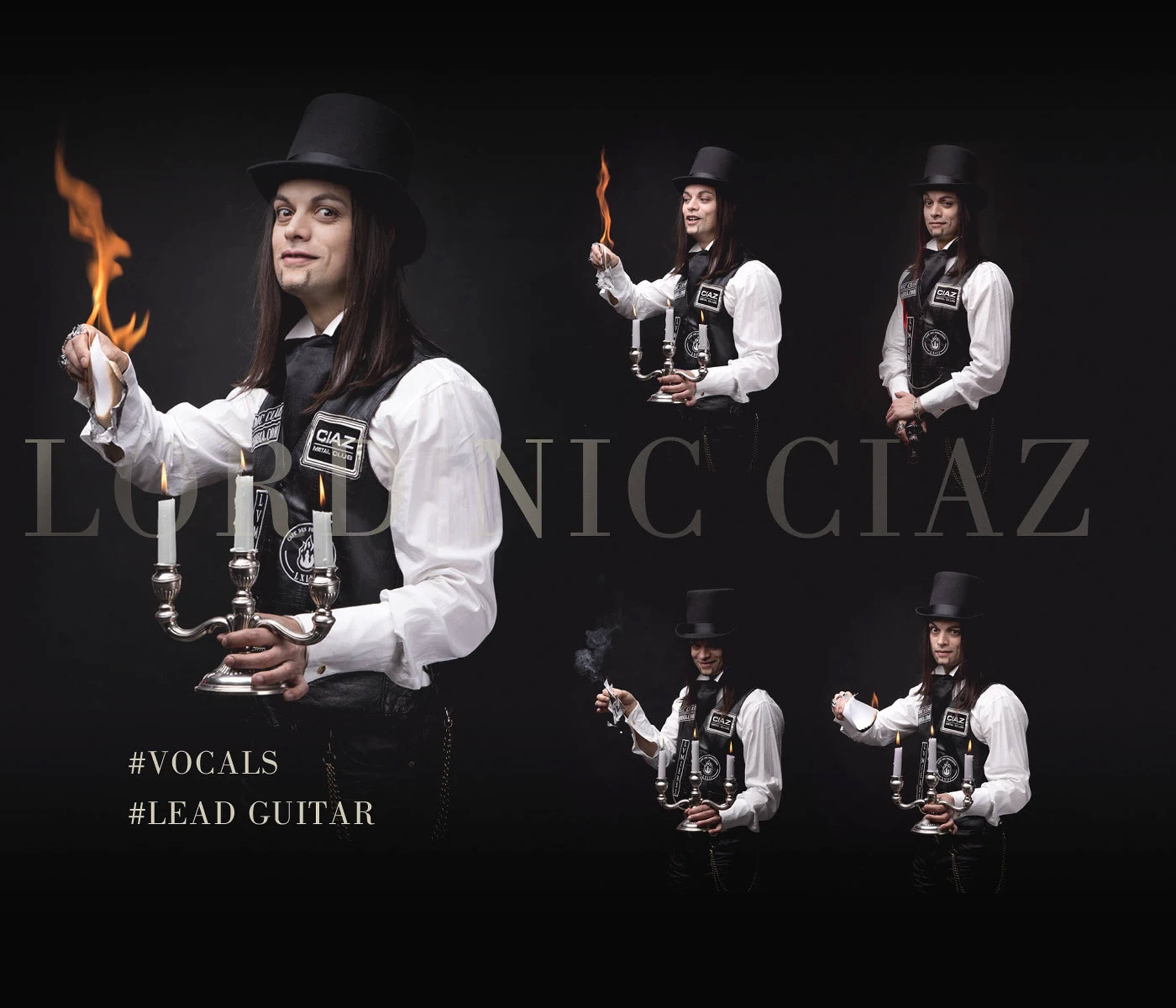 Lord Nic Ciaz, vocals and lead guitar — the main portrait holding a lit candelabra with a burning paper, and four alternate takes beside it