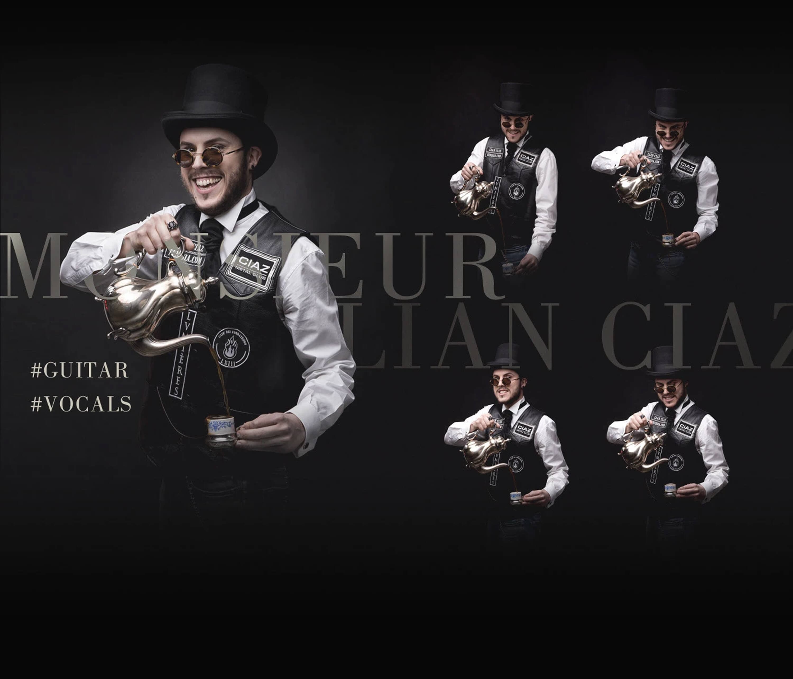 Monsieur Lian Ciaz, guitar and vocals — pouring tea from a silver pot into a small cup, and four alternate takes