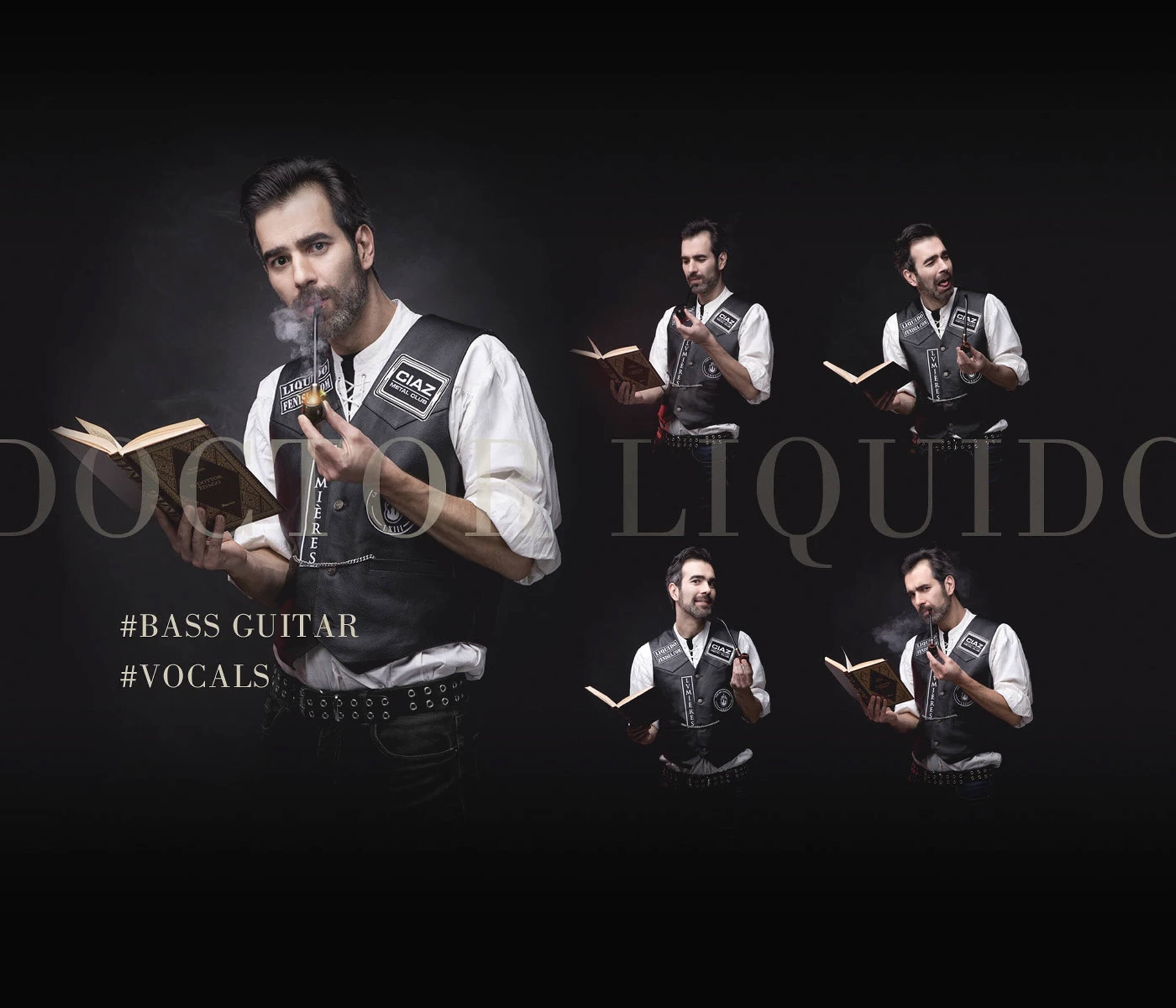 Doctor Liquido, bass guitar and vocals — reading an old book with a smoking pipe, and four alternate takes
