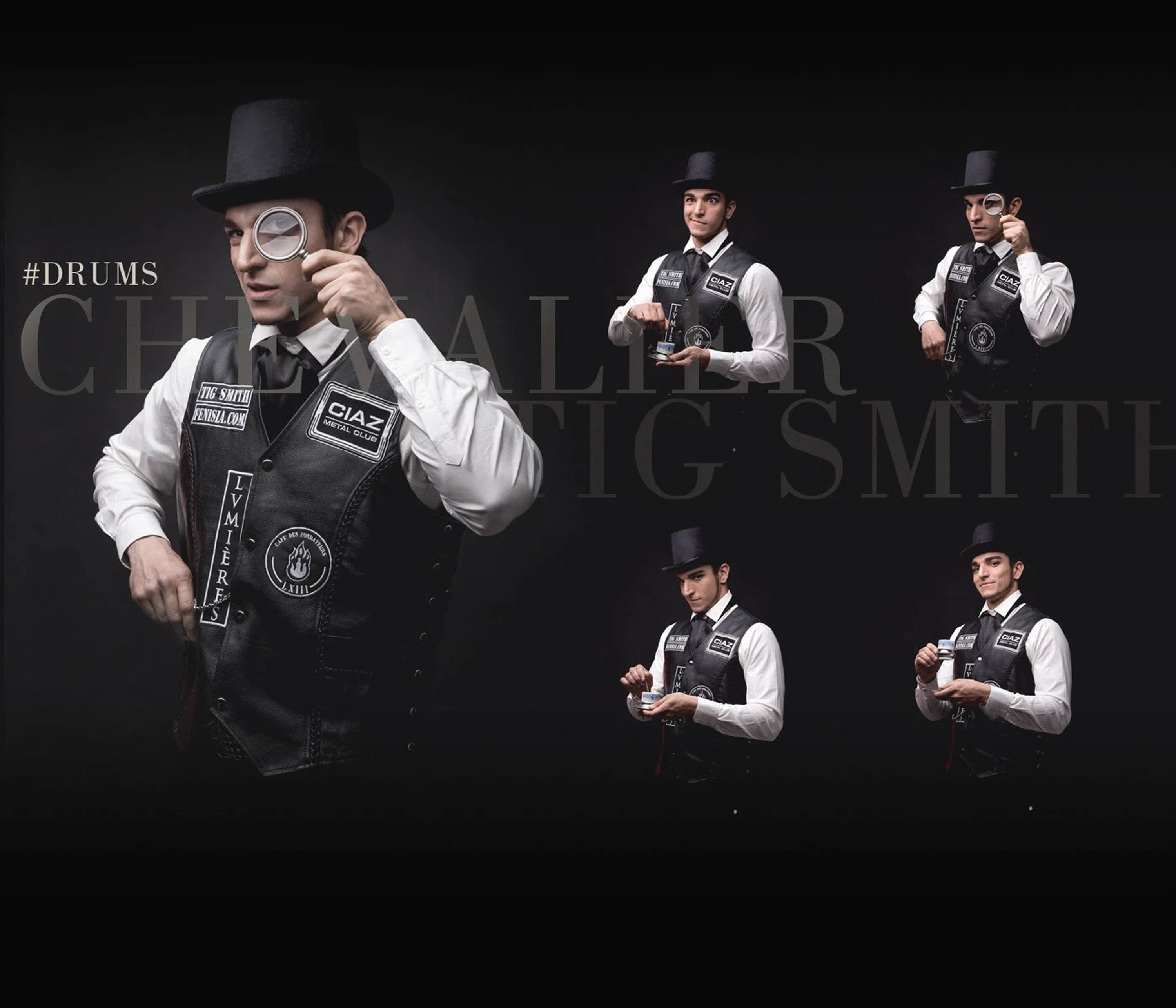 Chevalier Tig Smith, drums — holding a magnifying glass to his eye, and four alternate takes