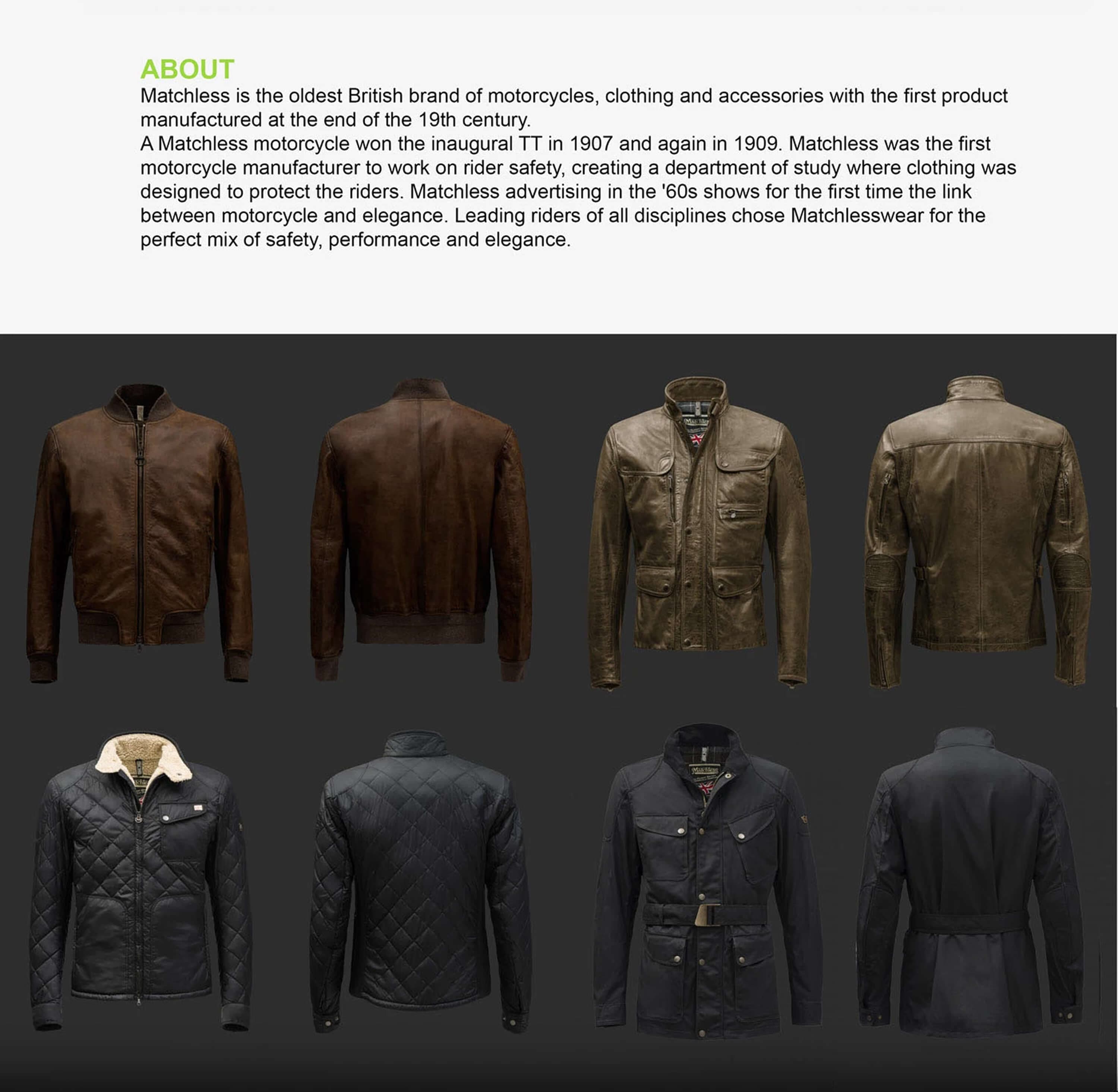 About the brand — the oldest British motorcycle, clothing and accessories maker, winner of the first TT in 1907, above eight jackets shot front and back on a dark studio background: leather bombers, a waxed field jacket, quilted and belted parkas