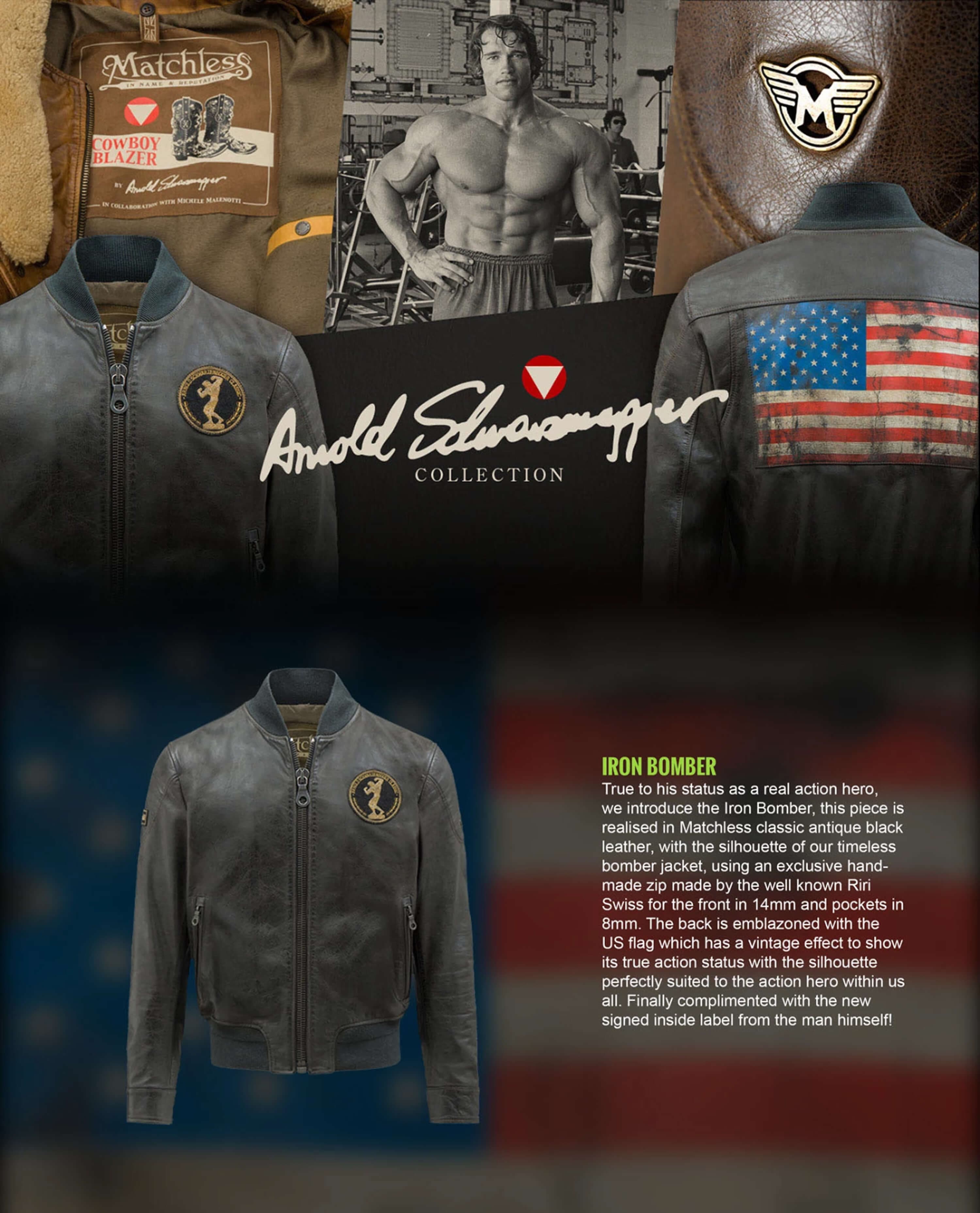 The Arnold Schwarzenegger collection — the signed collection card, the Cowboy Blazer label, the winged M badge, and the Iron Bomber in antique black leather with the vintage US flag across the back
