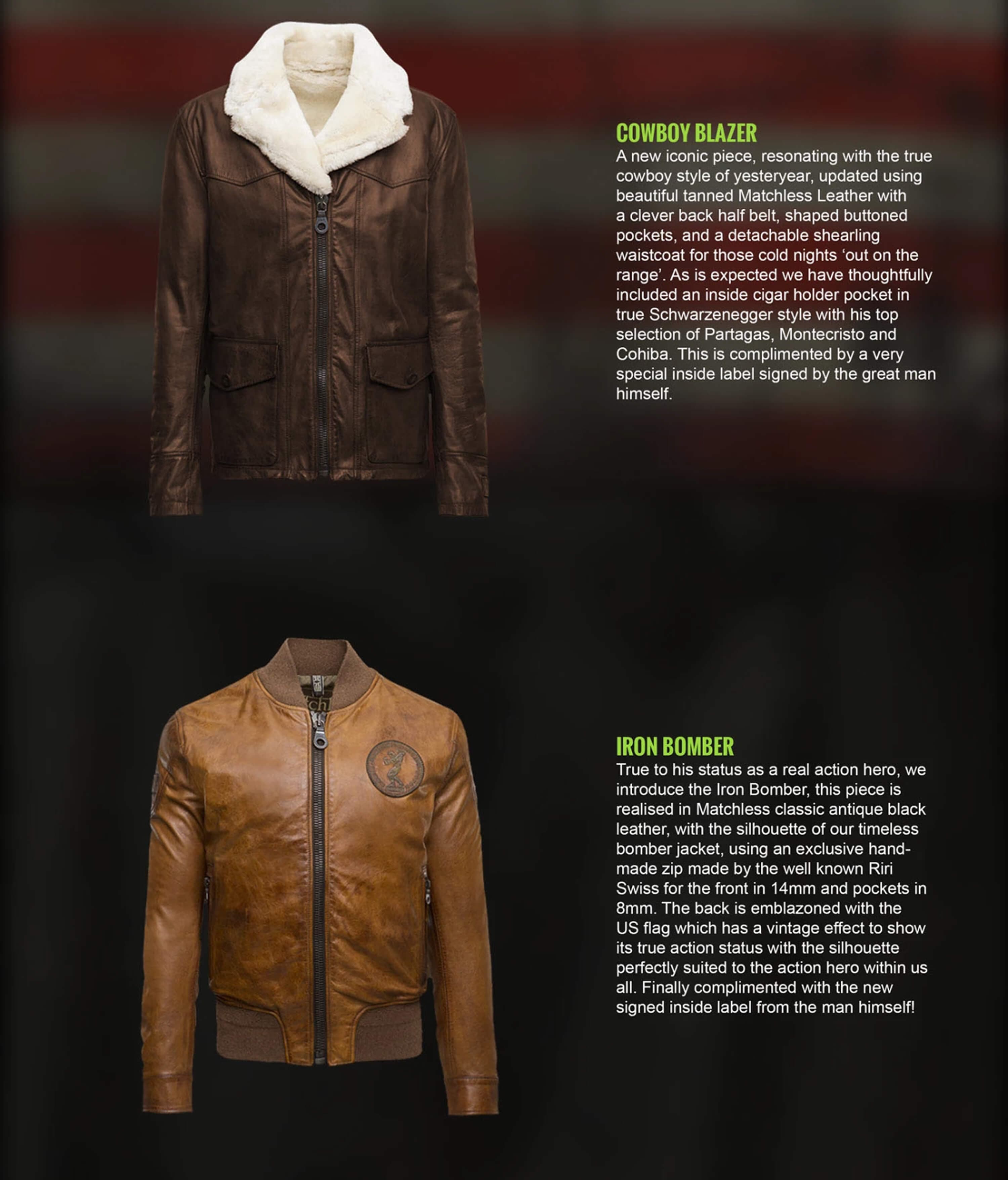 Two pieces from the collection — the Cowboy Blazer in tanned leather with its detachable shearling waistcoat, and the Iron Bomber in tan leather with the crest patch, each with its product copy