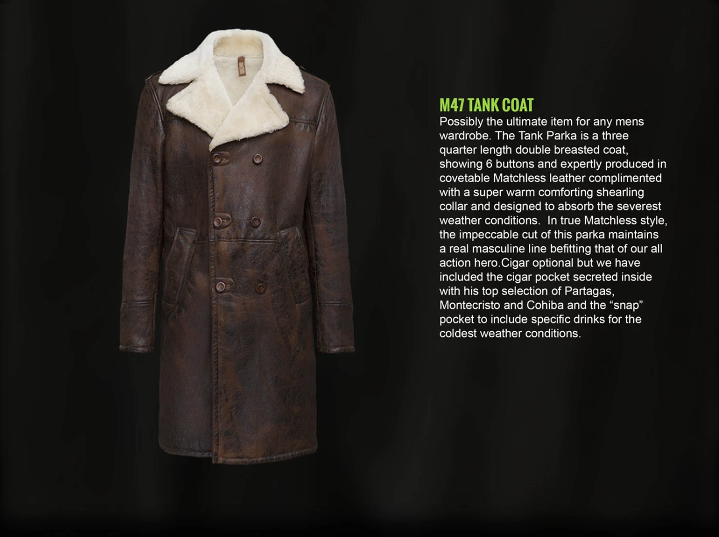 The M47 Tank Coat — a three-quarter length double-breasted leather coat with shearling collar, shot on black with its description