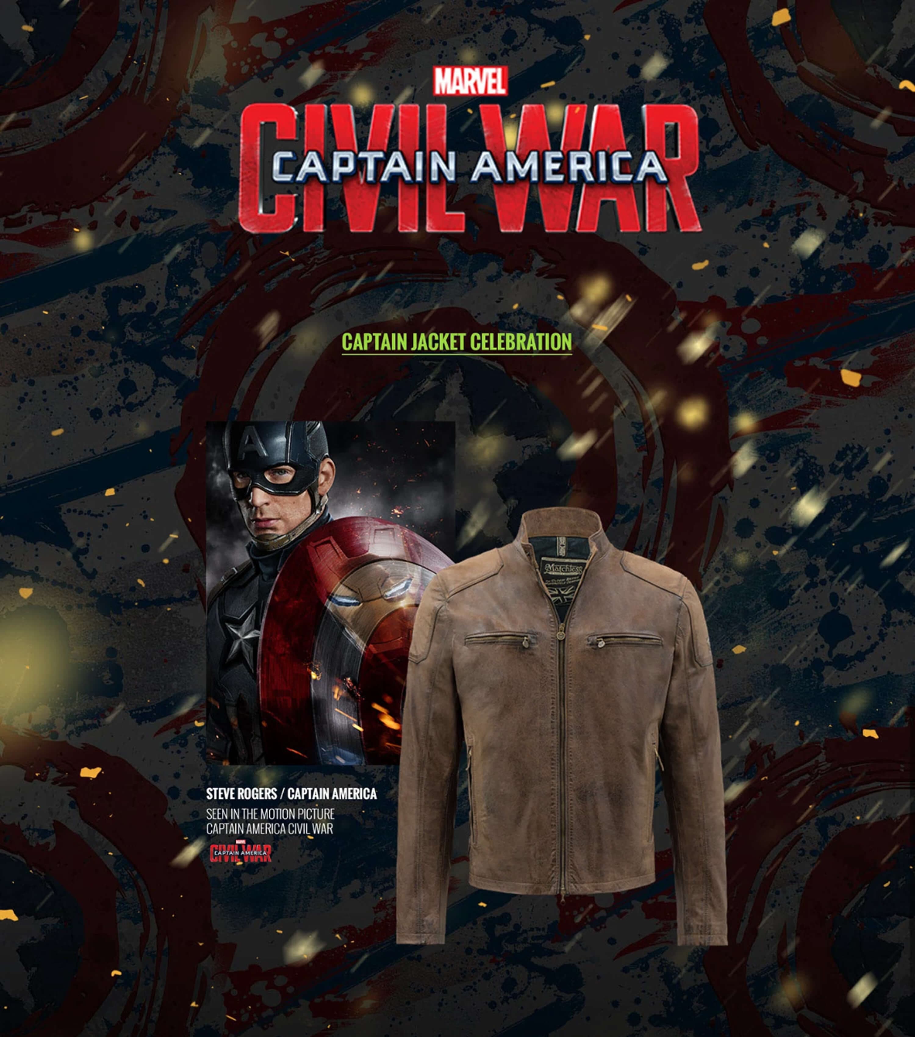 Captain jacket celebration — the distressed brown leather jacket worn by Steve Rogers, beside the character key art from the film