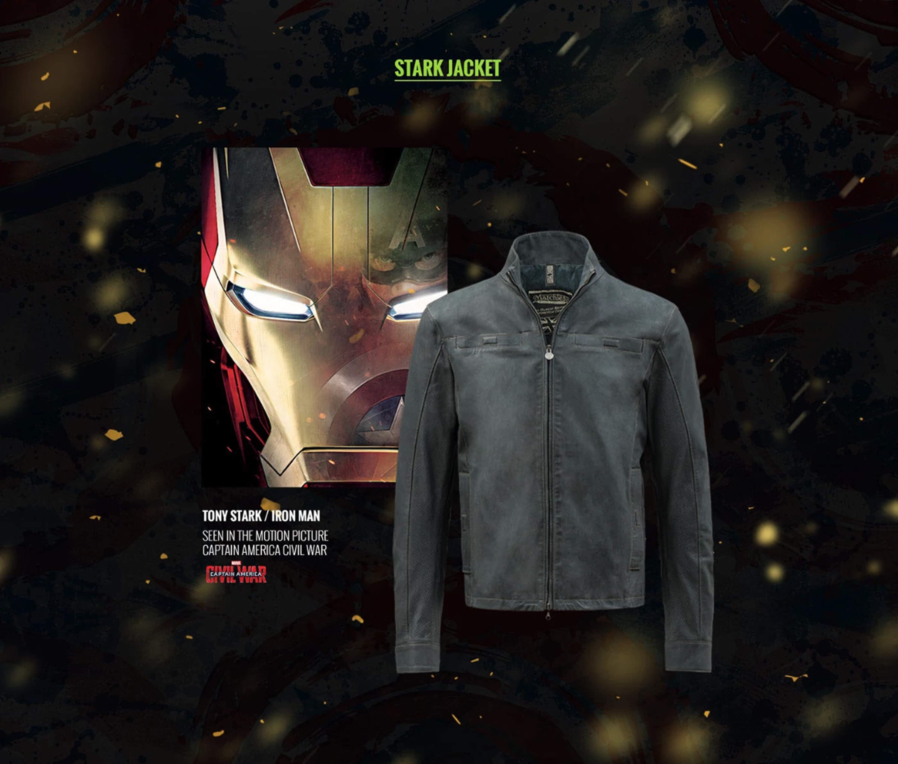 The Stark jacket — the grey-blue leather jacket worn by Tony Stark, beside the Iron Man helmet key art