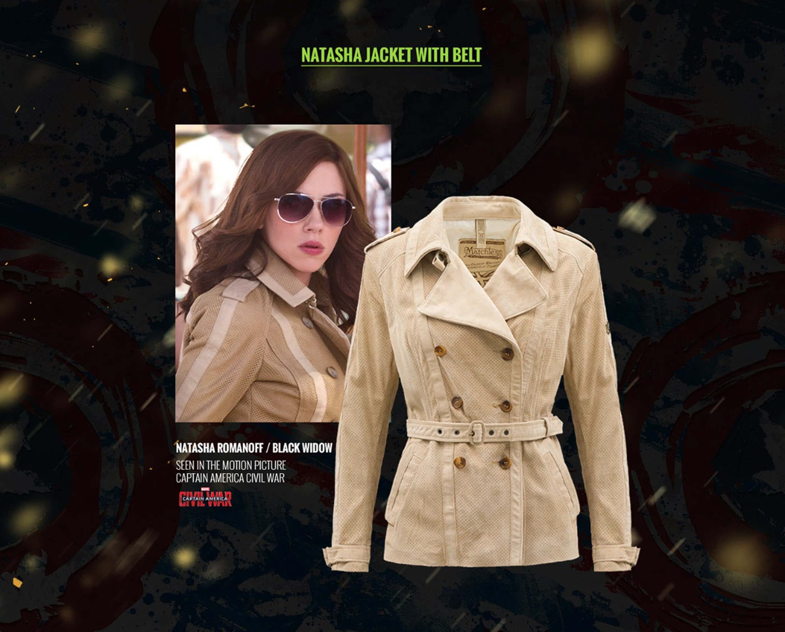 The Natasha jacket with belt — the cream perforated leather trench worn by Natasha Romanoff, beside the film still of the character