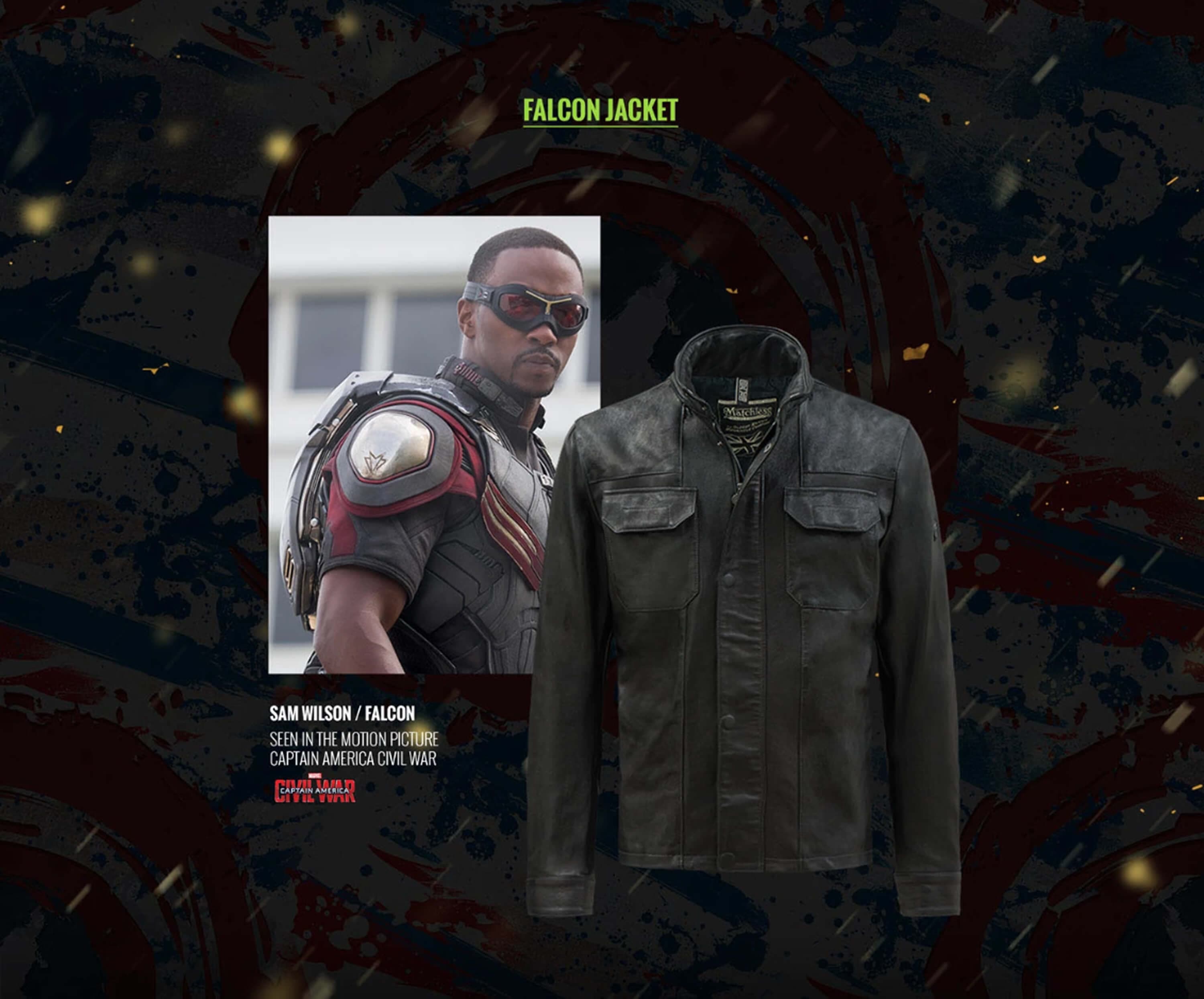 The Falcon jacket — the dark leather field shirt-jacket worn by Sam Wilson, beside the character key art