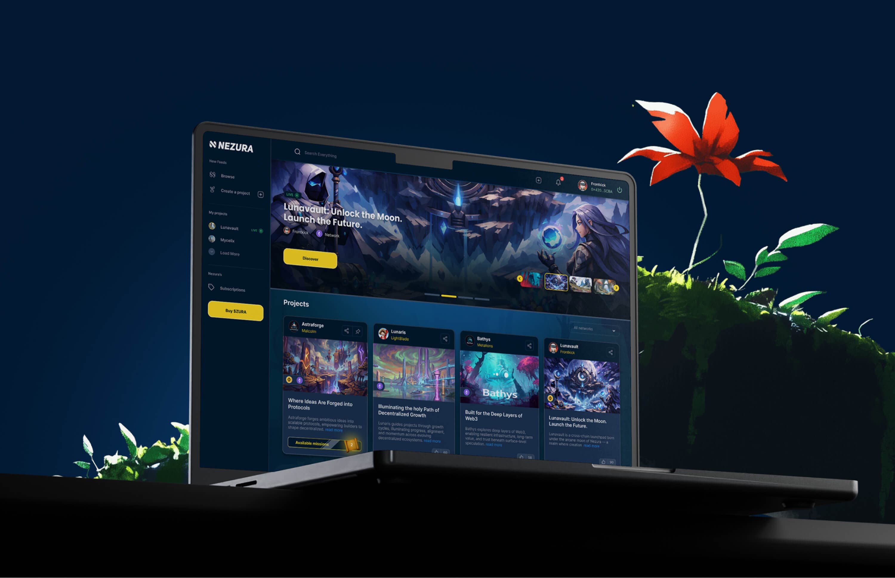 Nezura dashboard on a laptop framed by jungle foliage and a red flower — featured project carousel and project cards