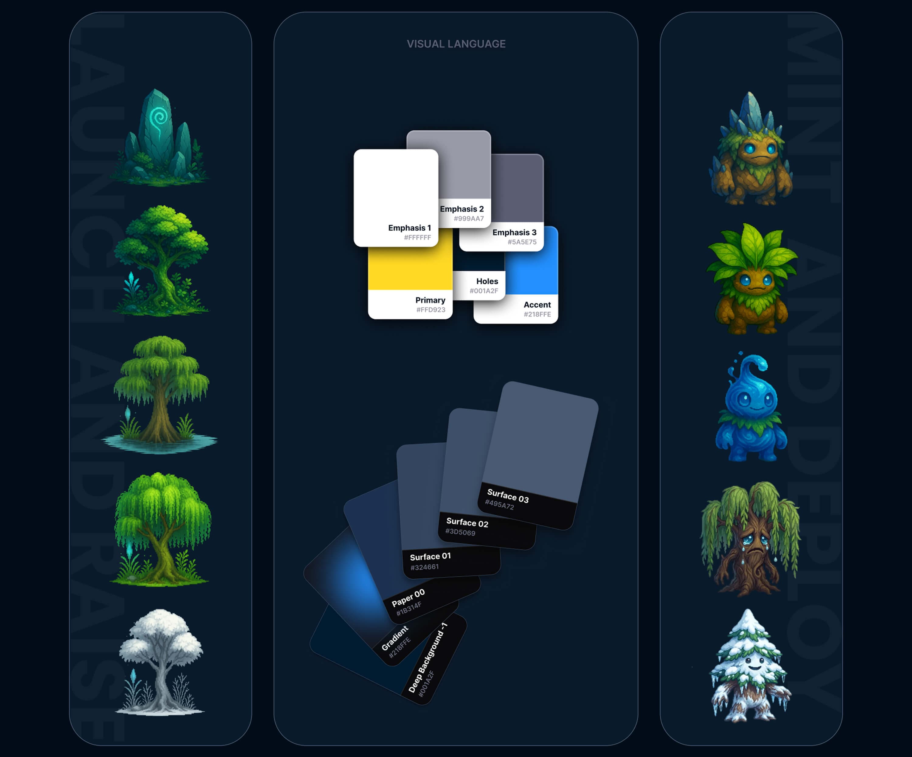 Visual language board — primary yellow, accent blue and the surface color scale, flanked by pixel-art trees and creatures of the Nezura world