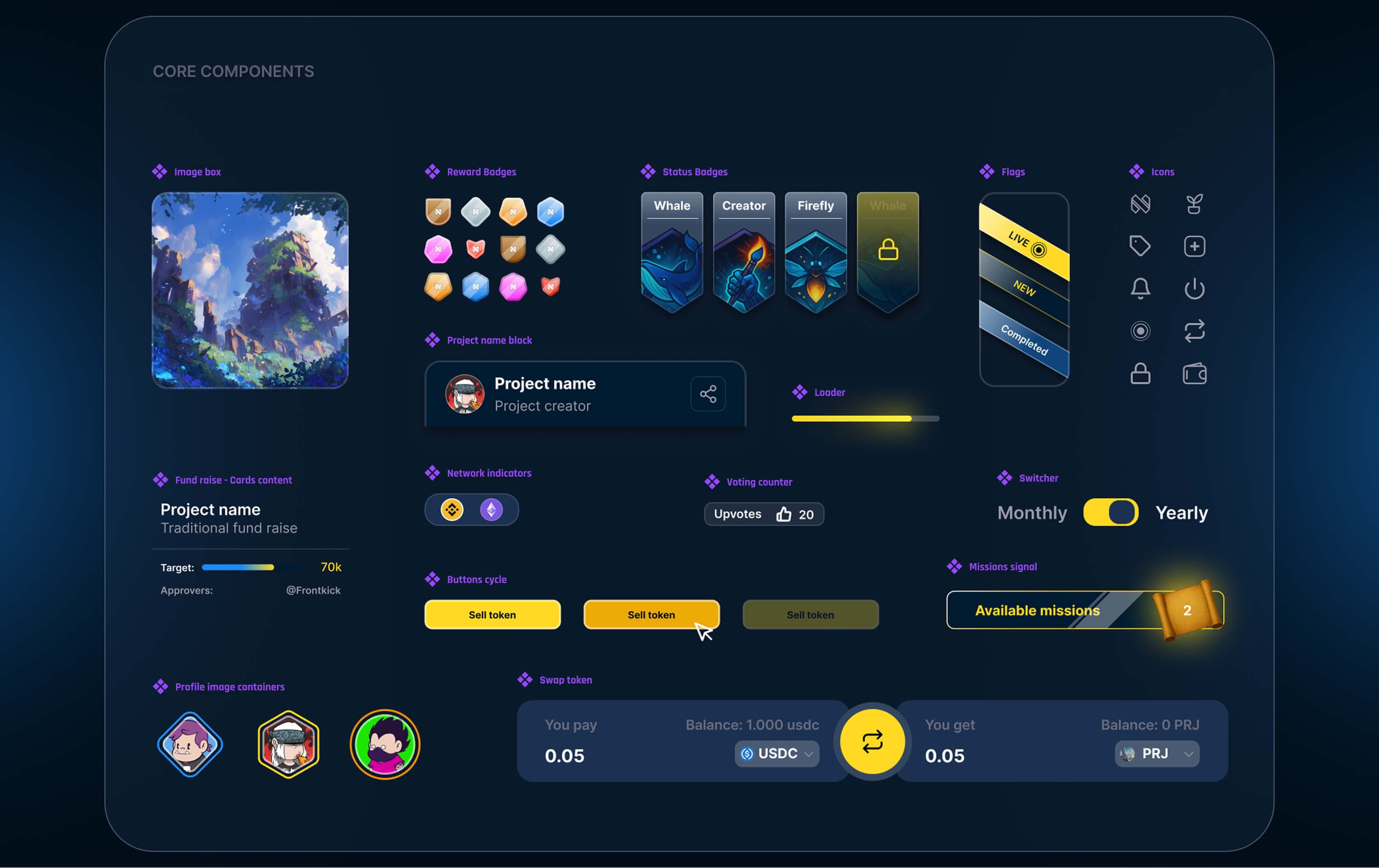 Core components board — reward and status badges, flags, icons, fund raise card, voting counter, buttons, mission signal, token swap and profile containers
