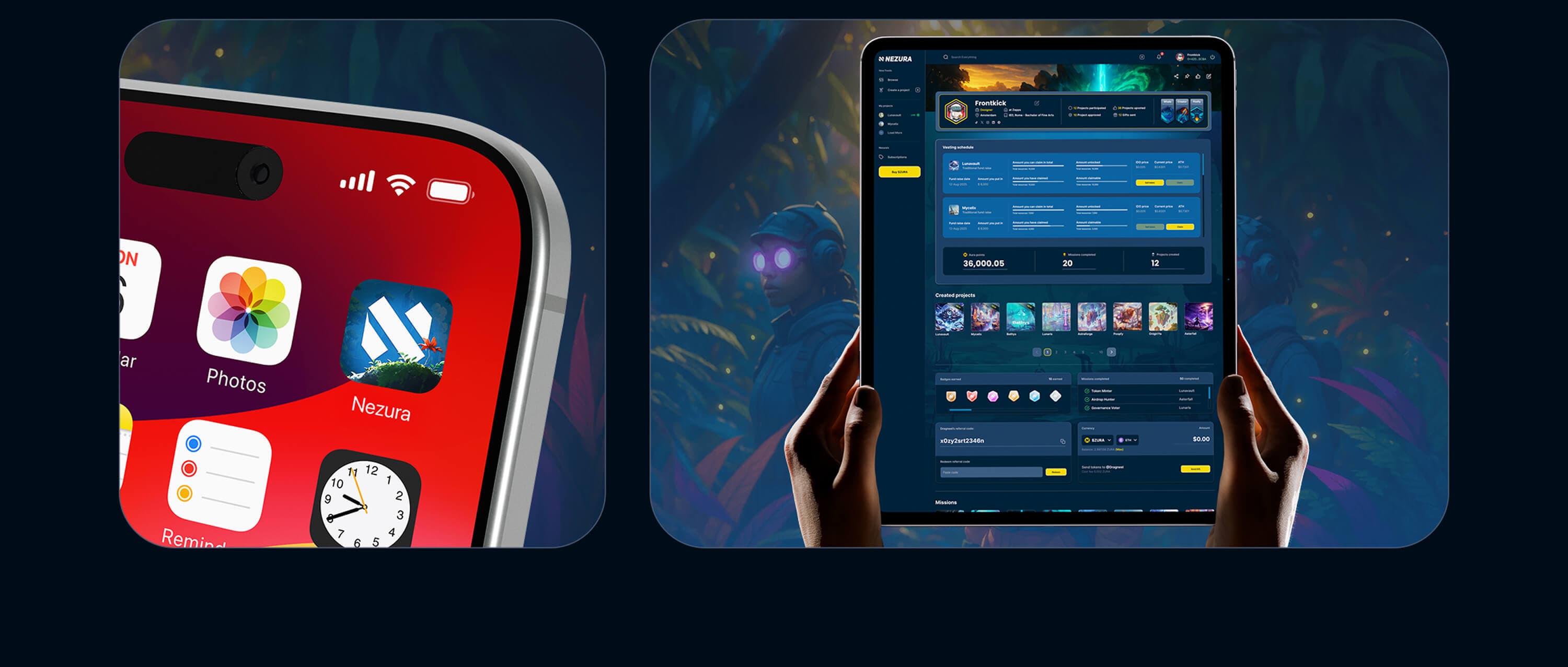 Nezura app icon on an iPhone home screen, next to a tablet held up in the jungle showing the profile dashboard