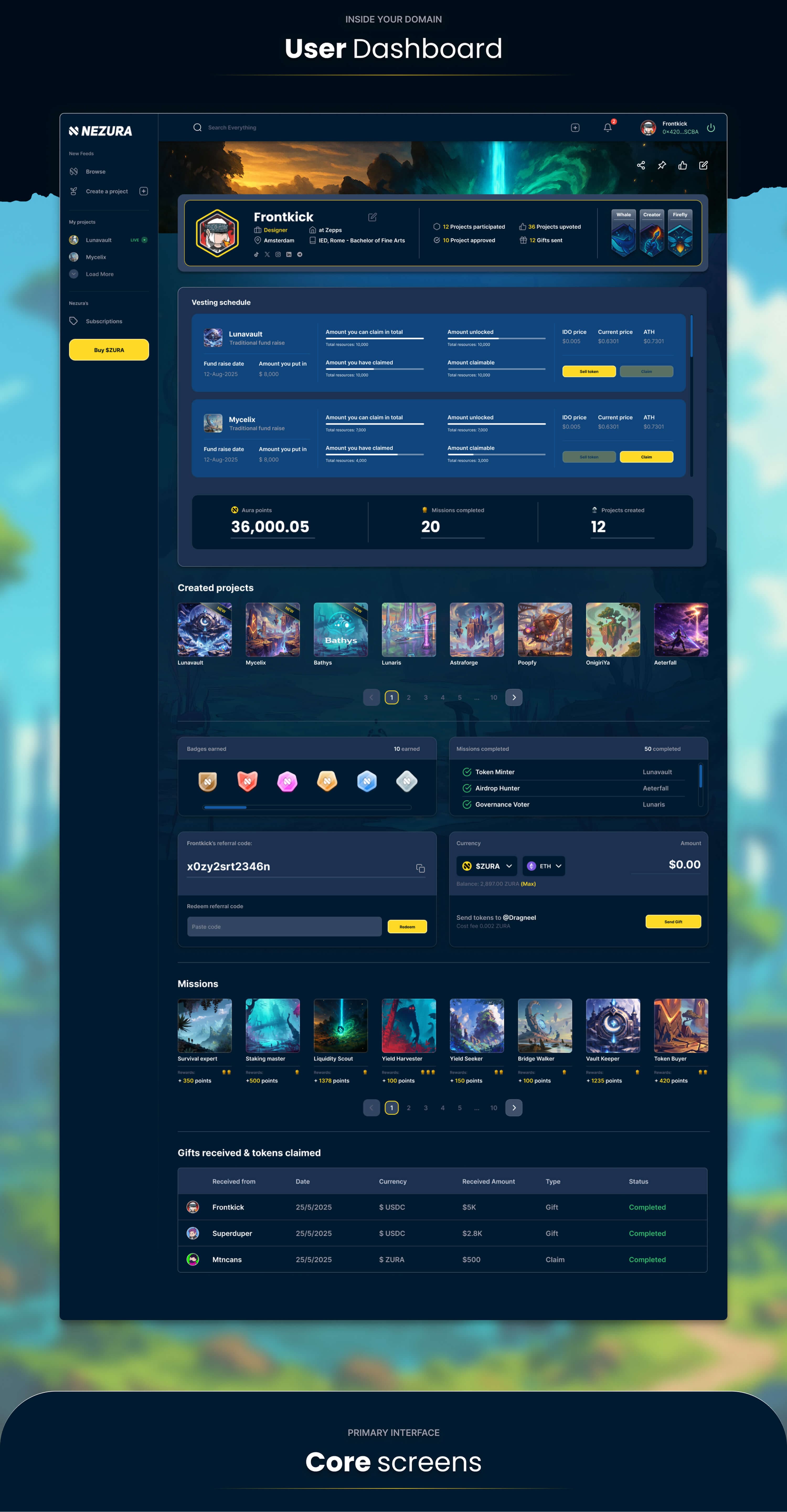 User dashboard core screen — profile with vesting schedules, created projects, badges earned, missions and the gifts and tokens table