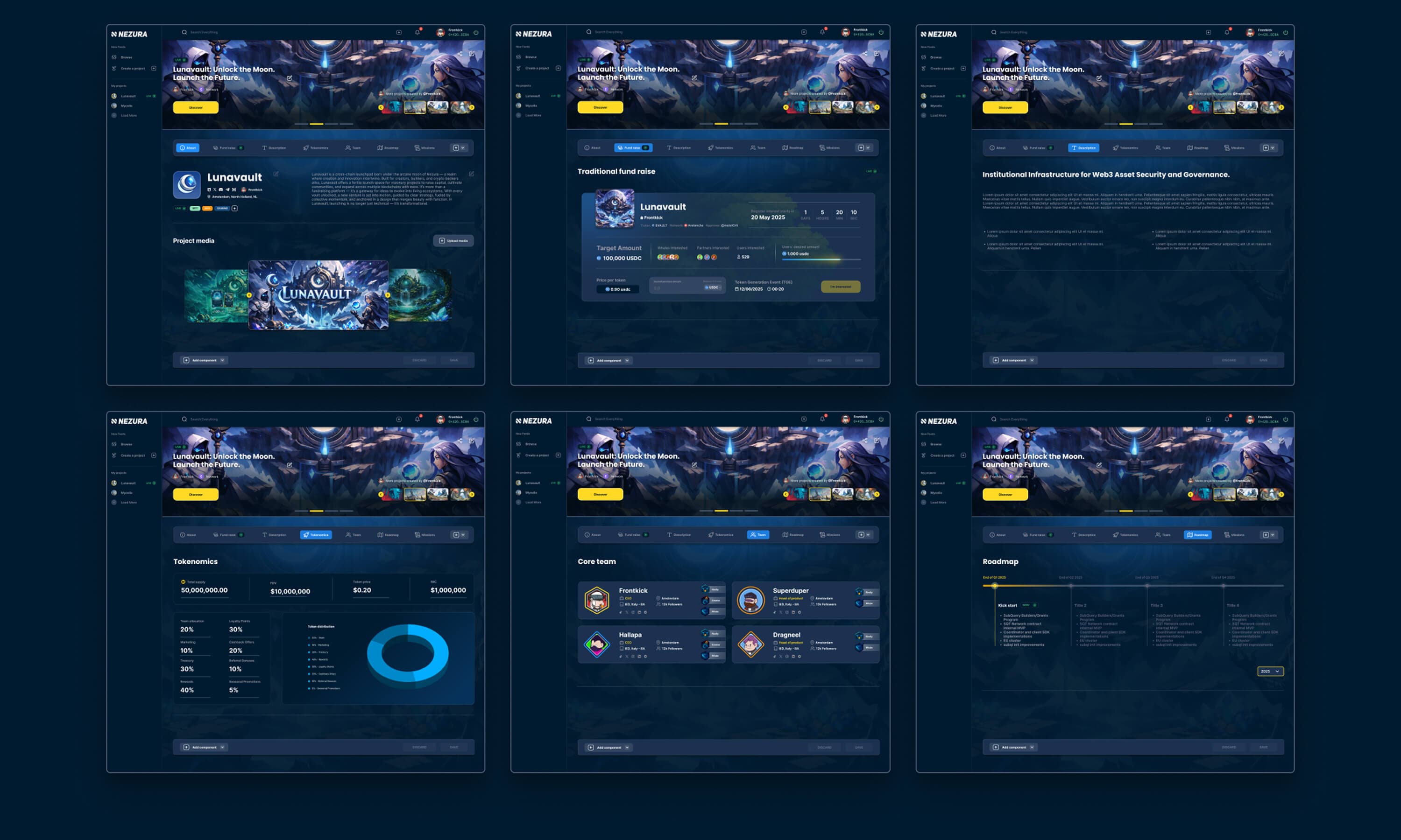 Six views of a project page — media gallery, fund raise countdown, description, tokenomics, core team and roadmap