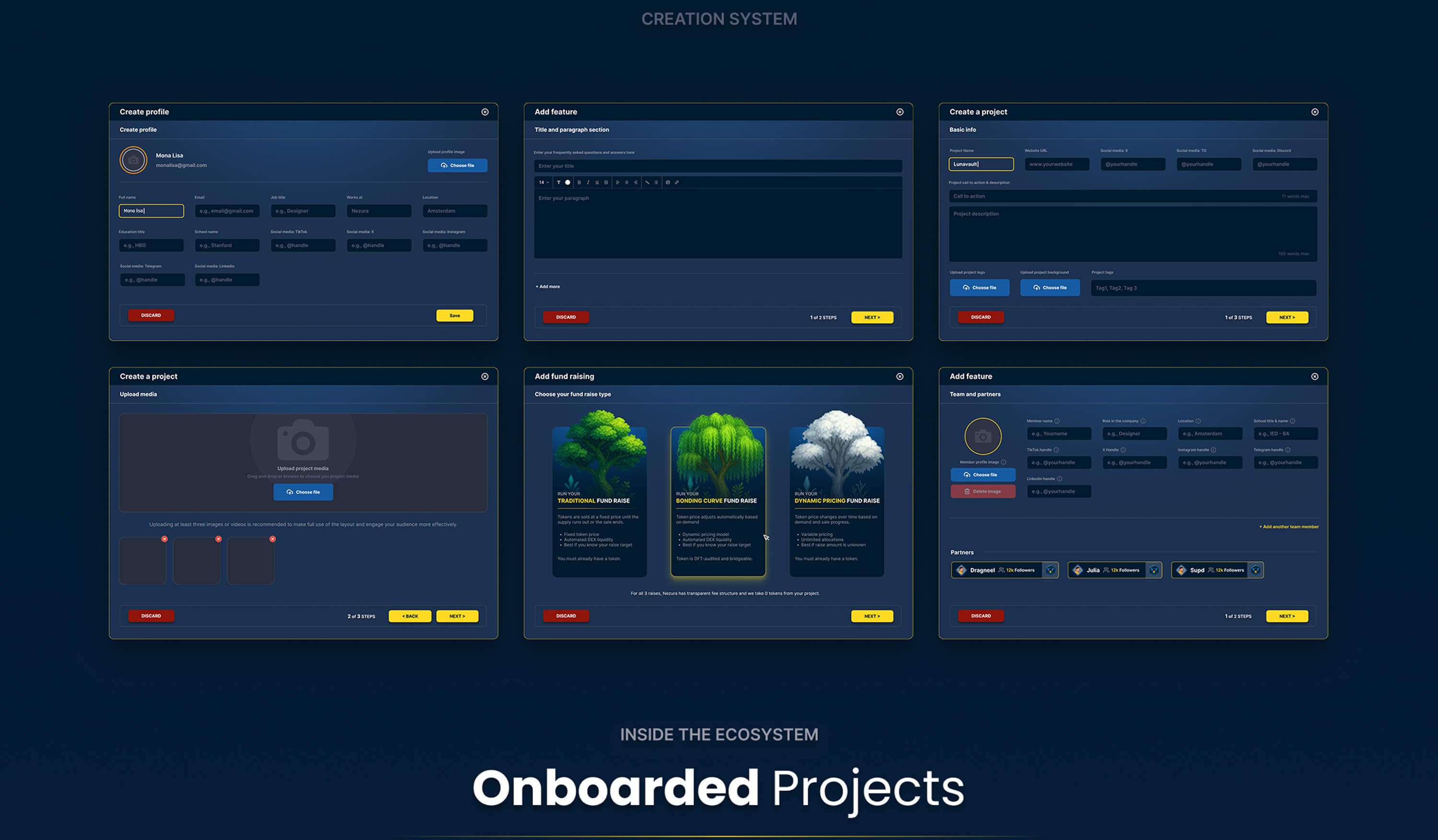 Creation system — the modals for profile, features, project setup, media upload, fund raise type and team members