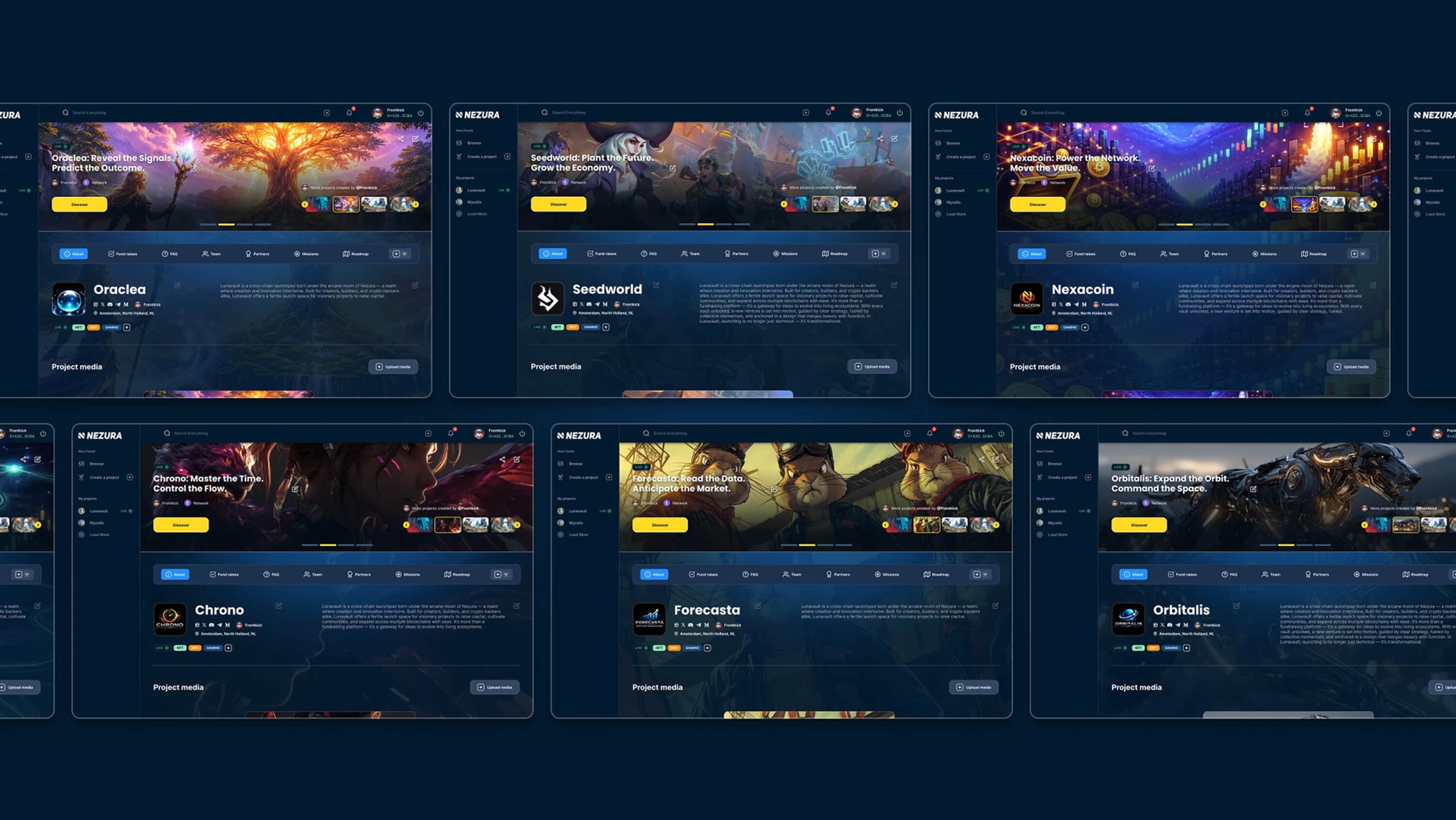 Six onboarded project pages, each with its own world artwork — Oraclea, Seedworld, Nexacoin, Chrono, Forecasta and Orbitalis