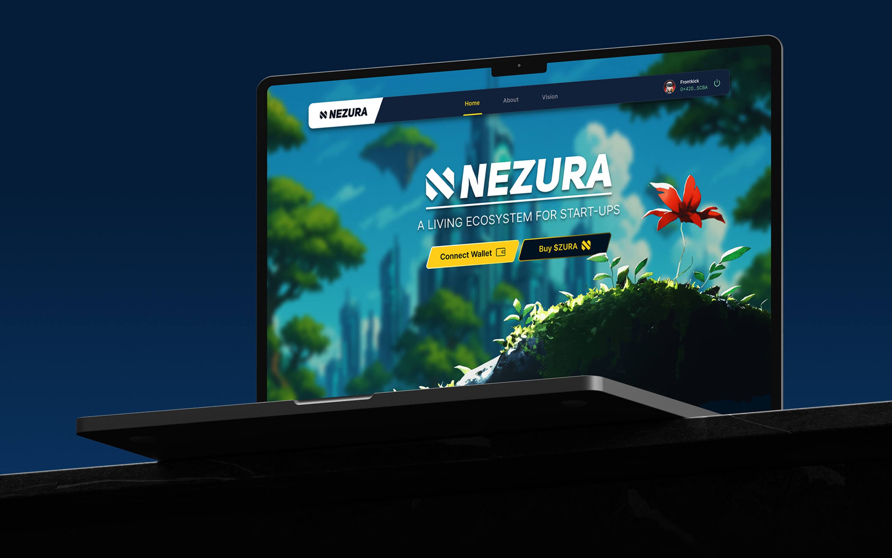 Nezura landing page on a laptop — a living ecosystem for start-ups, with connect wallet and buy token actions
