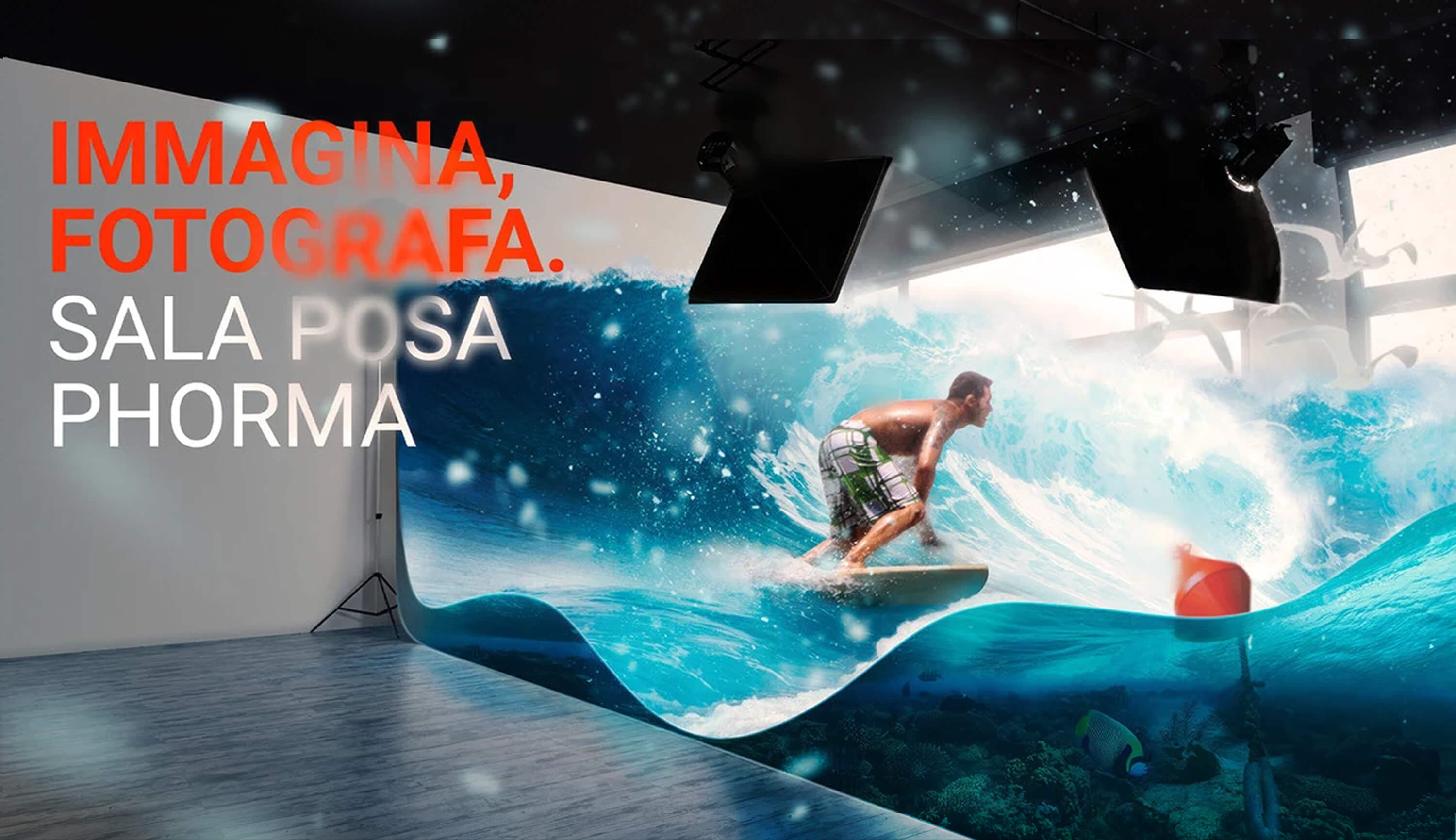 The surf billboard artwork full-bleed — a surfer on a wave bursting out of the white studio backdrop