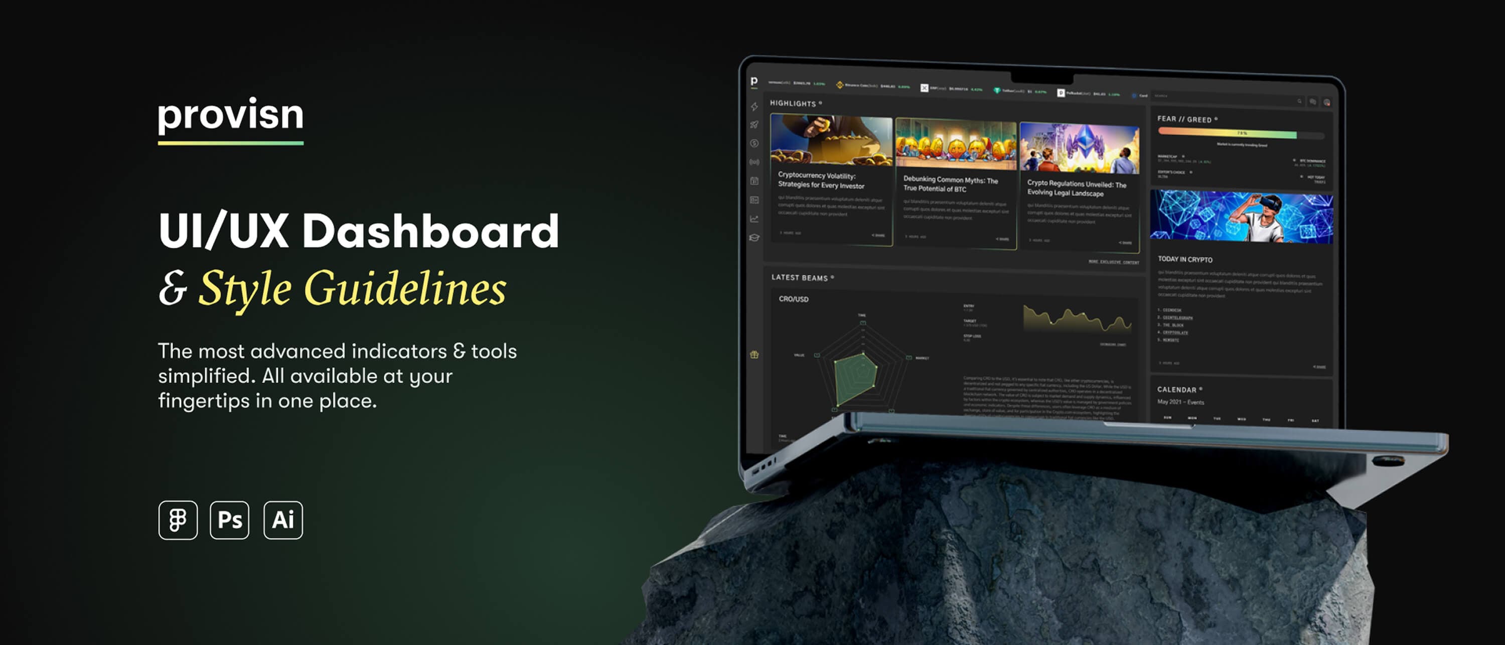 Cover — provisn, UI/UX dashboard and style guidelines: the most advanced indicators and tools simplified in one place, beside the dashboard on a laptop, with the Figma, Photoshop and Illustrator marks