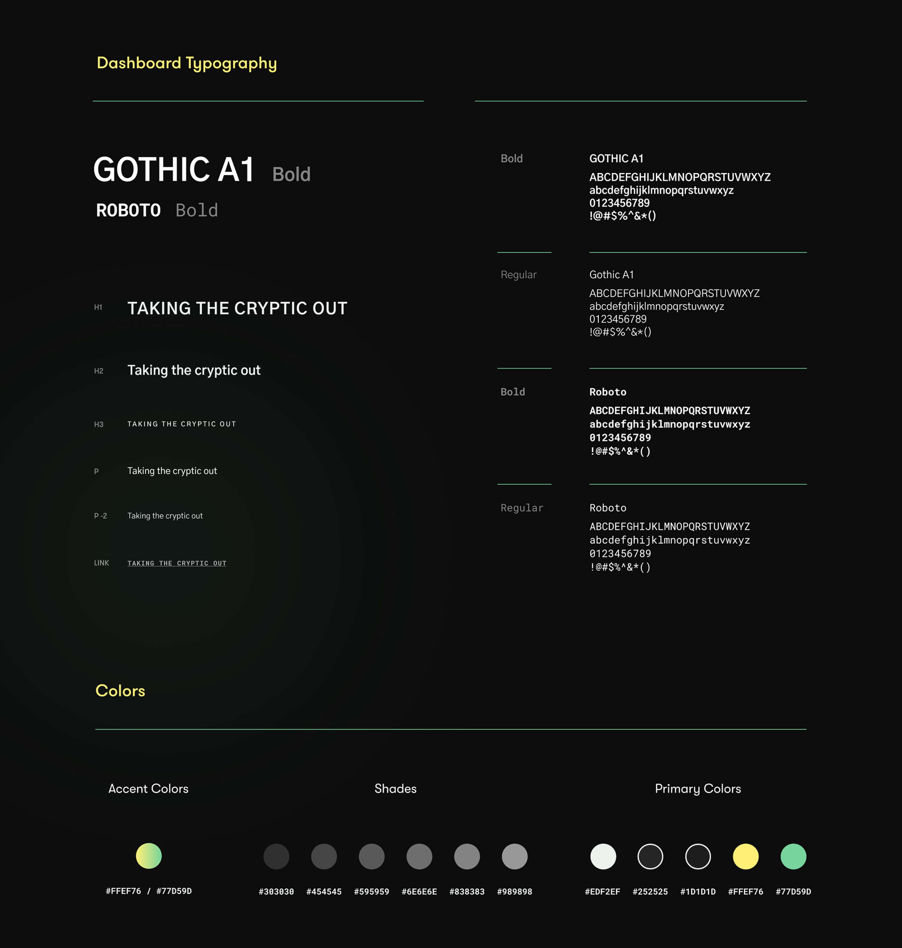 Dashboard typography and colors — the Gothic A1 and Roboto specimens with the heading and body scale, the accent pair, and the grey shades and primary swatches with their hex values