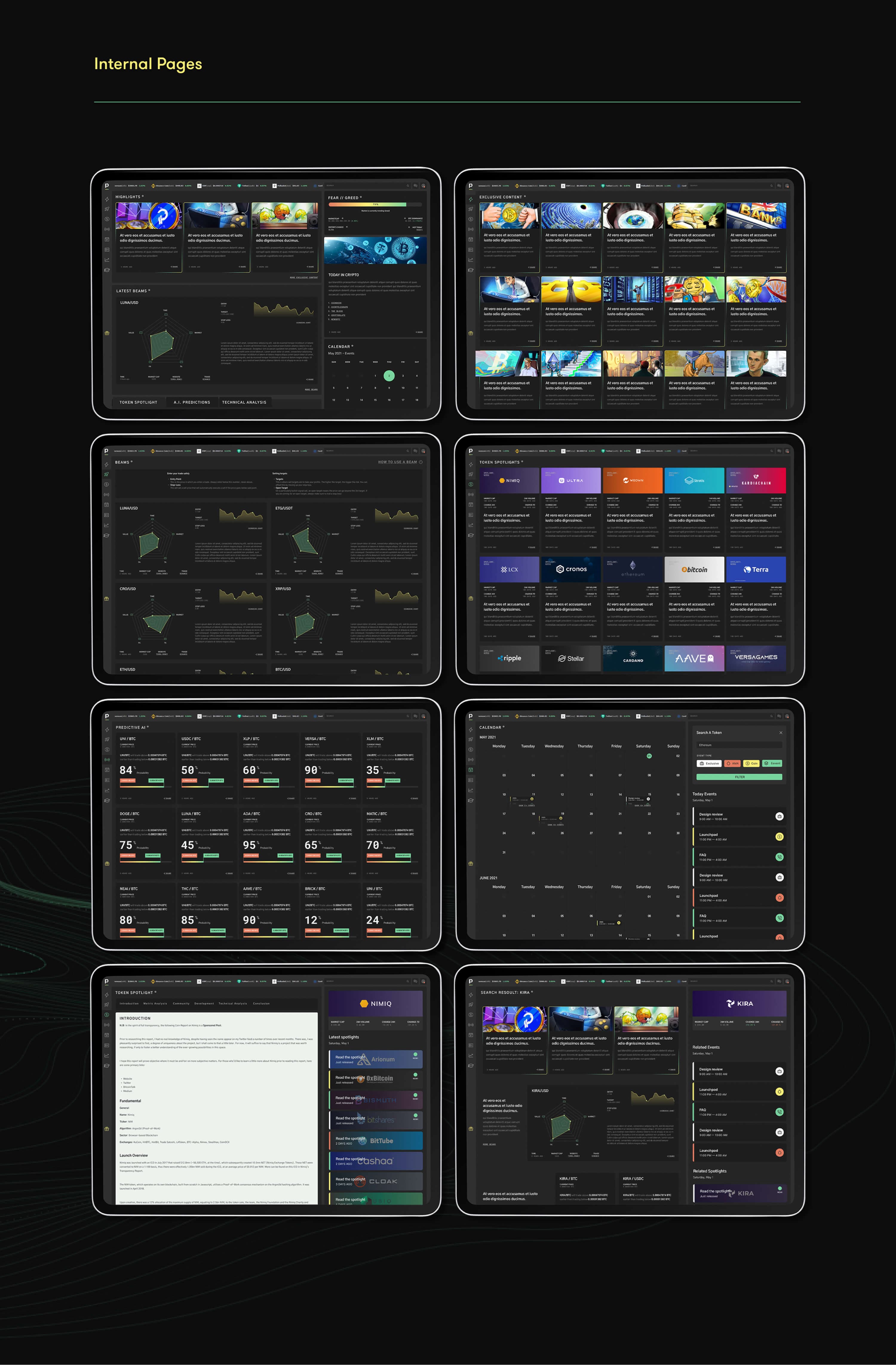 Internal pages — eight screens on tablets: home, exclusive content, beams, token spotlights, predictive AI, the events calendar, a token spotlight article and the search result