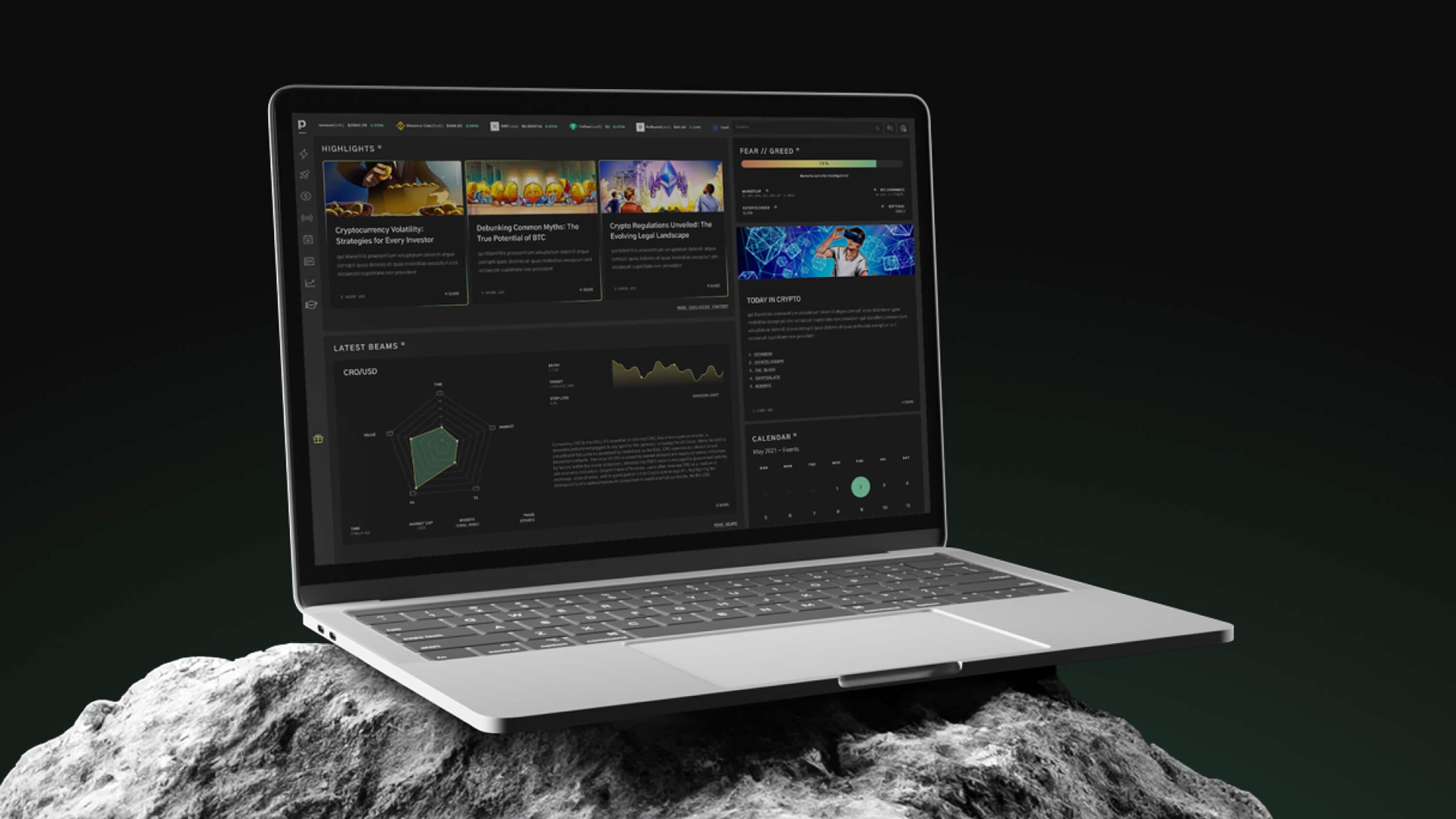 Closing shot — the dashboard home on a silver laptop resting on a rock, against the dark green backdrop