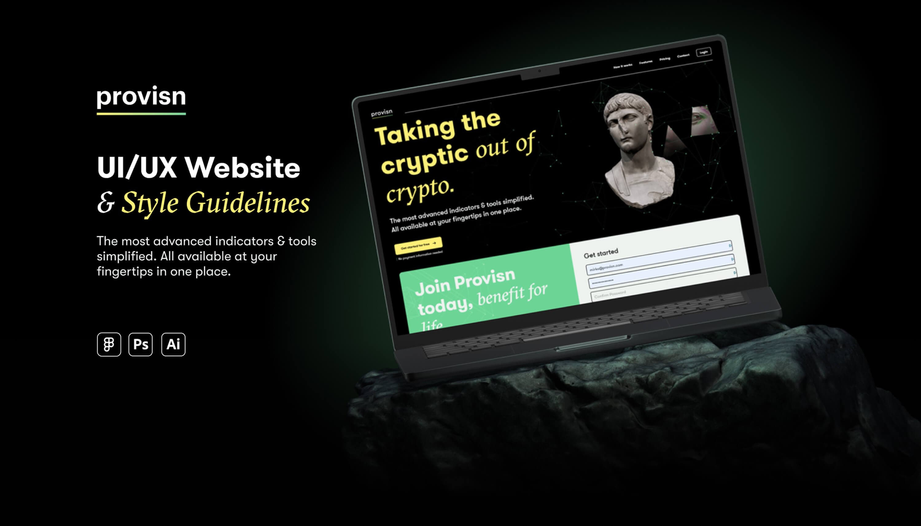 Cover — provisn, UI/UX website and style guidelines: the most advanced indicators and tools simplified, beside the landing page on a laptop, with the Figma, Photoshop and Illustrator marks