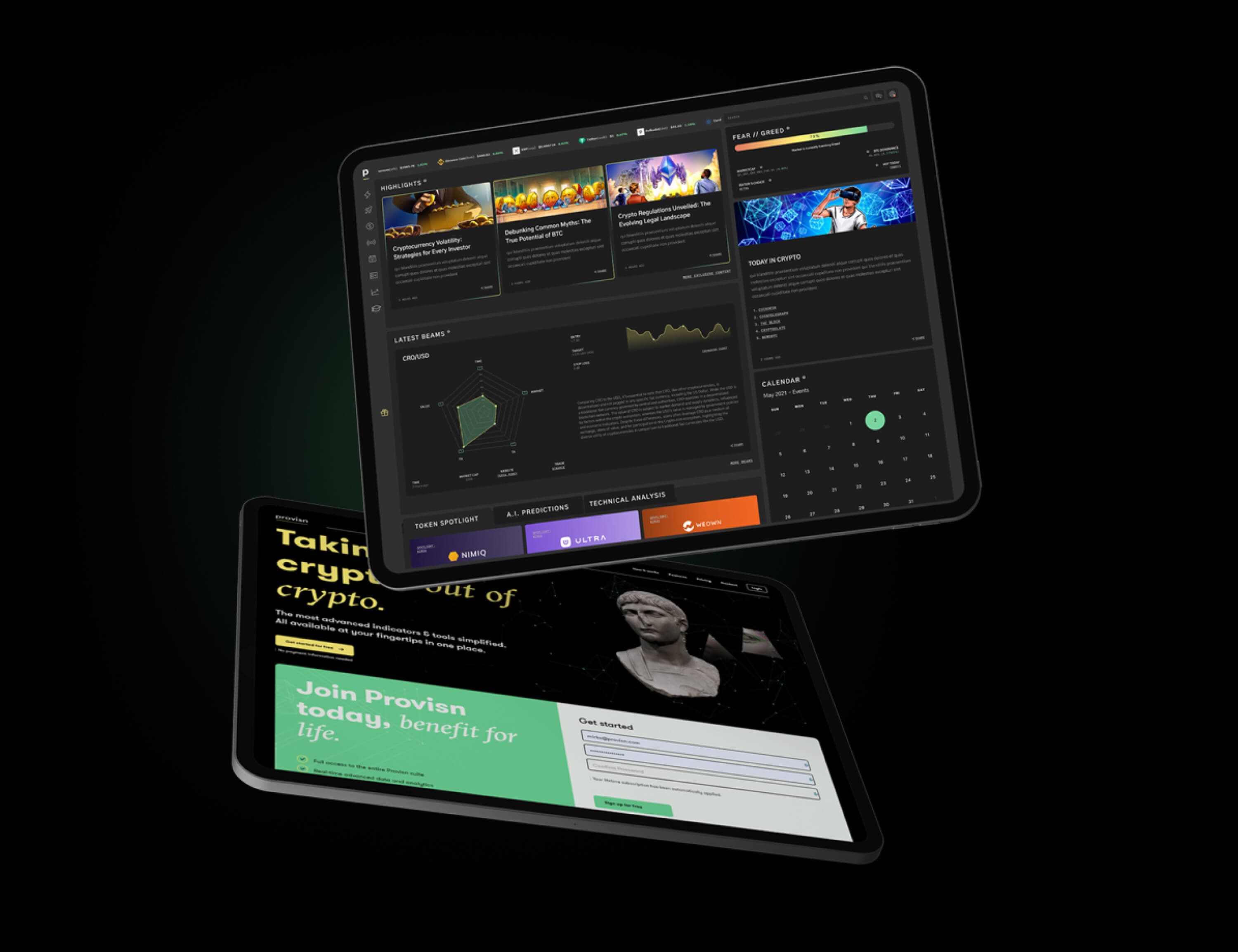 Dashboard and landing page floating on two tablets — the highlights view with the radar chart above, the sign-up band with the Roman bust below