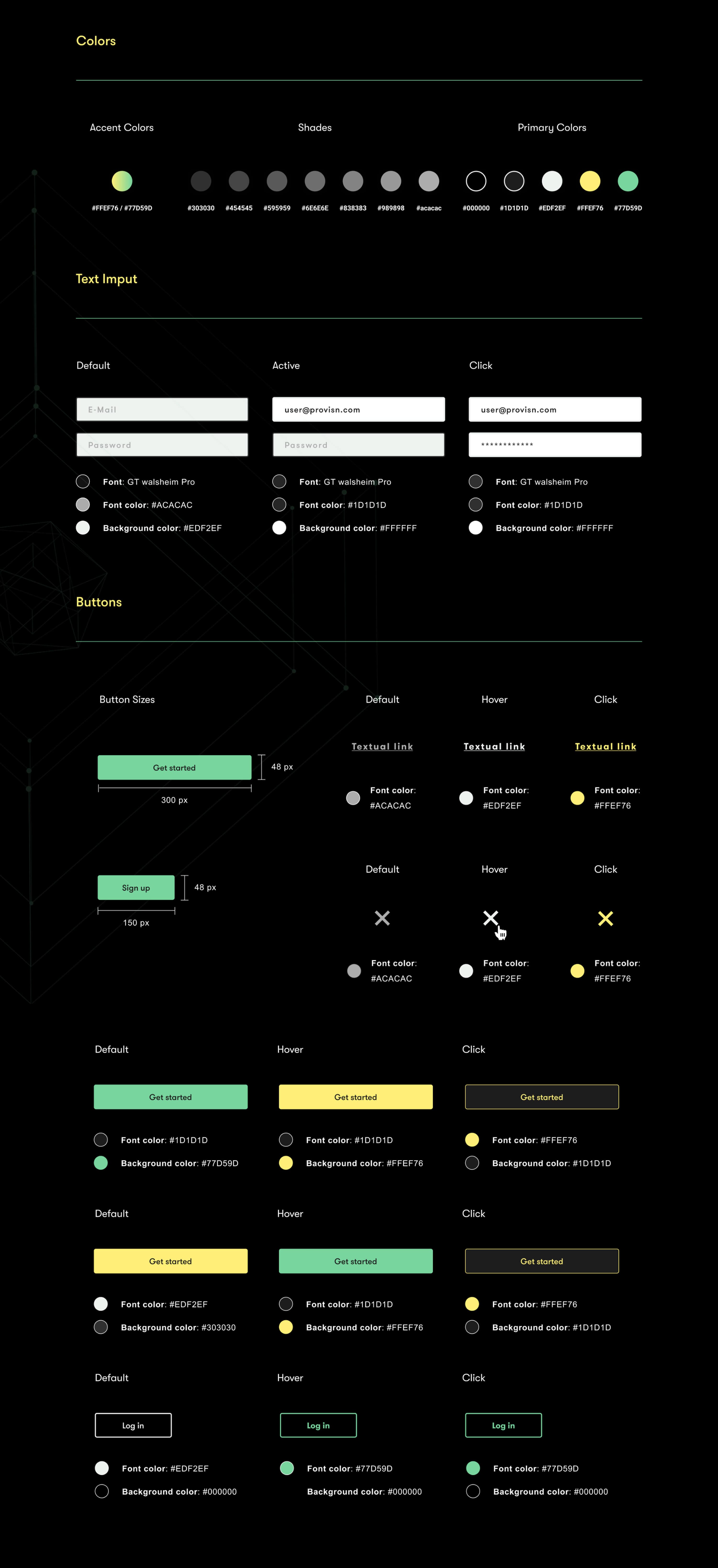 Colors, text inputs and buttons — the accent, shade and primary swatches, the input field in default, active and click states, and the button sizes with their default, hover and click variants