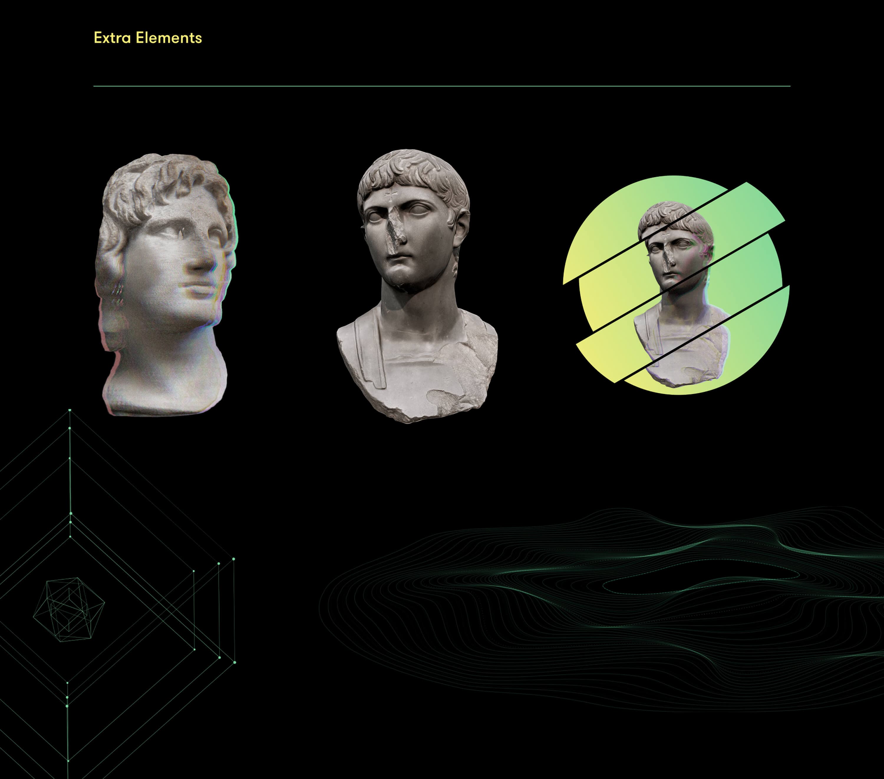 Extra elements — three treatments of the Roman bust: chromatic aberration, plain marble, and sliced inside a green gradient circle, with the wireframe polygon and the contour wave