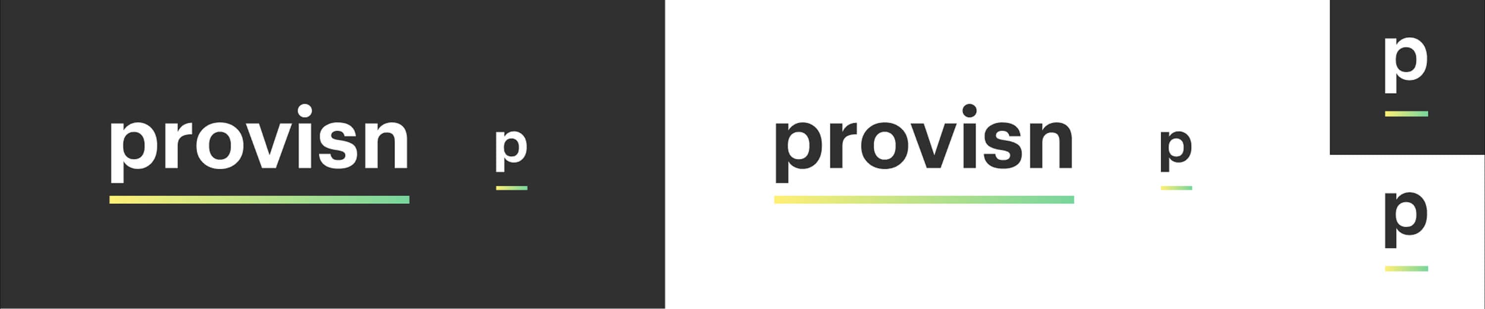 The provisn logo — the wordmark with its gradient underline and the p monogram, in white on dark and in black on white