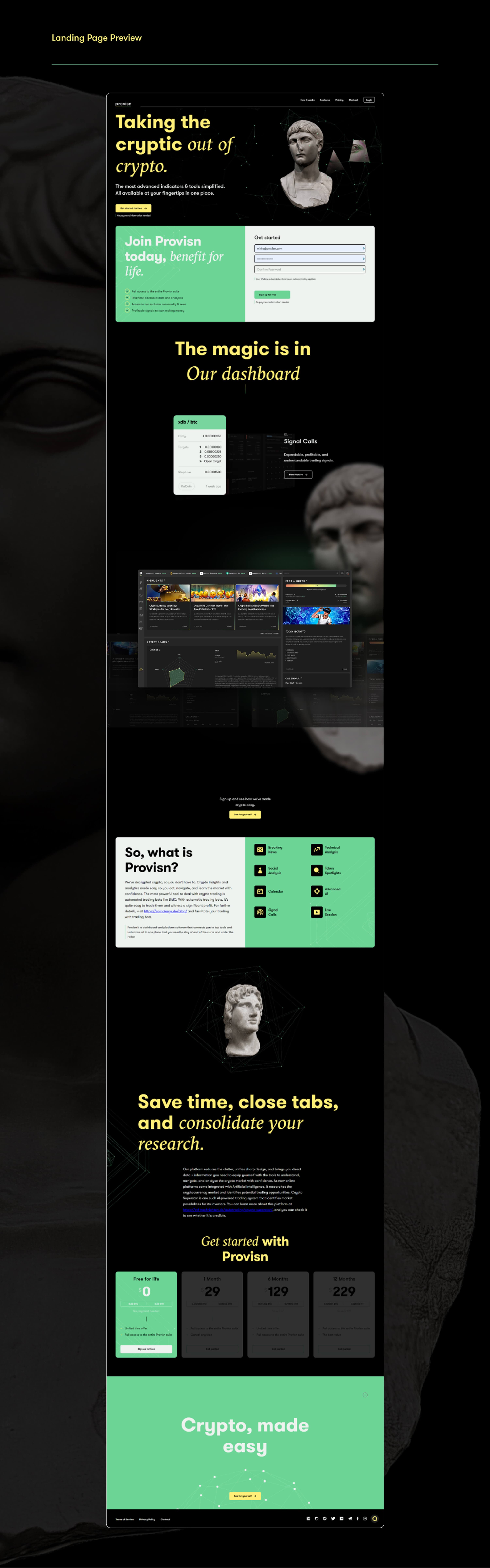Landing page preview — the whole page top to bottom: hero, sign-up band, the magic is in our dashboard, signal calls, what is Provisn, save time and consolidate your research, pricing, and the closing crypto made easy panel