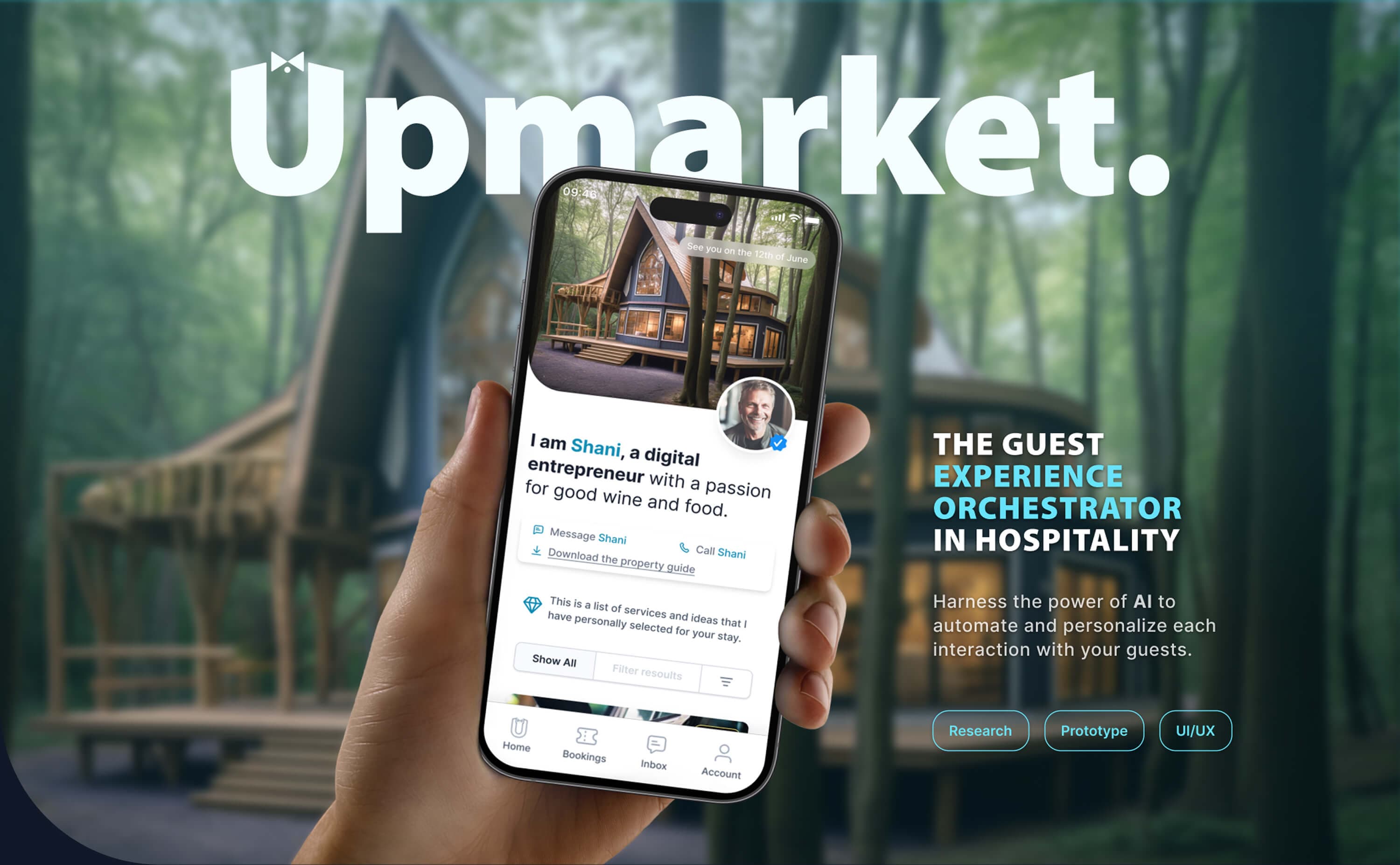 Cover — the guest experience orchestrator in hospitality: the guest app on a phone held in front of a forest lodge, with the promise to harness AI to automate and personalise each guest interaction, and the research, prototype and UI/UX tags