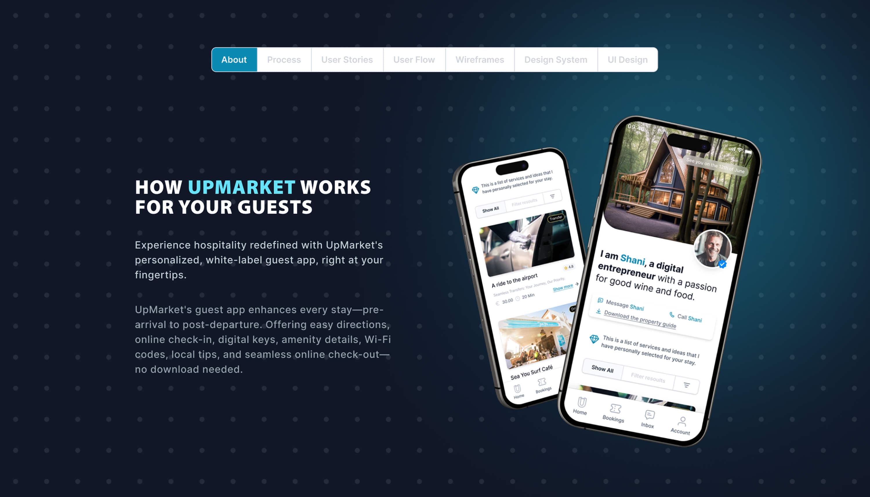About — how Upmarket works for your guests: a white-label guest app covering pre-arrival to post-departure with directions, online check-in, digital keys, amenities, Wi-Fi codes and local tips and no download needed, beside two phones showing the host profile and the services feed