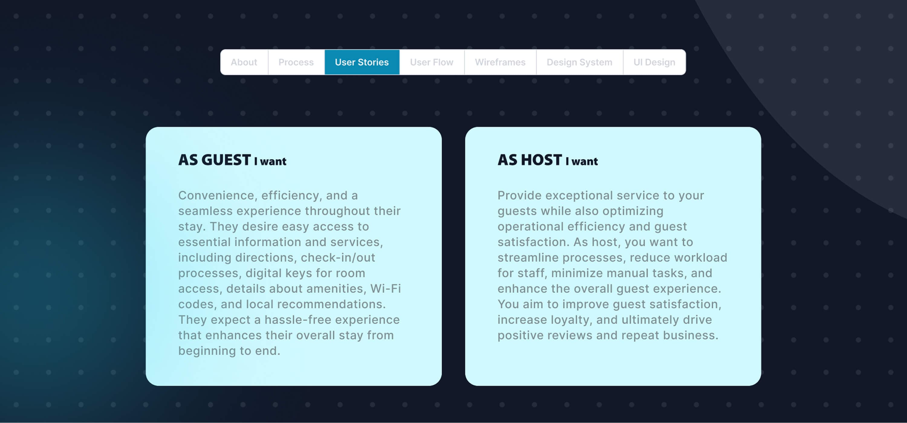 User stories — what the guest wants, from easy access to information and services to check-in and check-out, digital keys, amenities and local tips, beside what the host wants: exceptional service, leaner operations, less manual work and repeat business