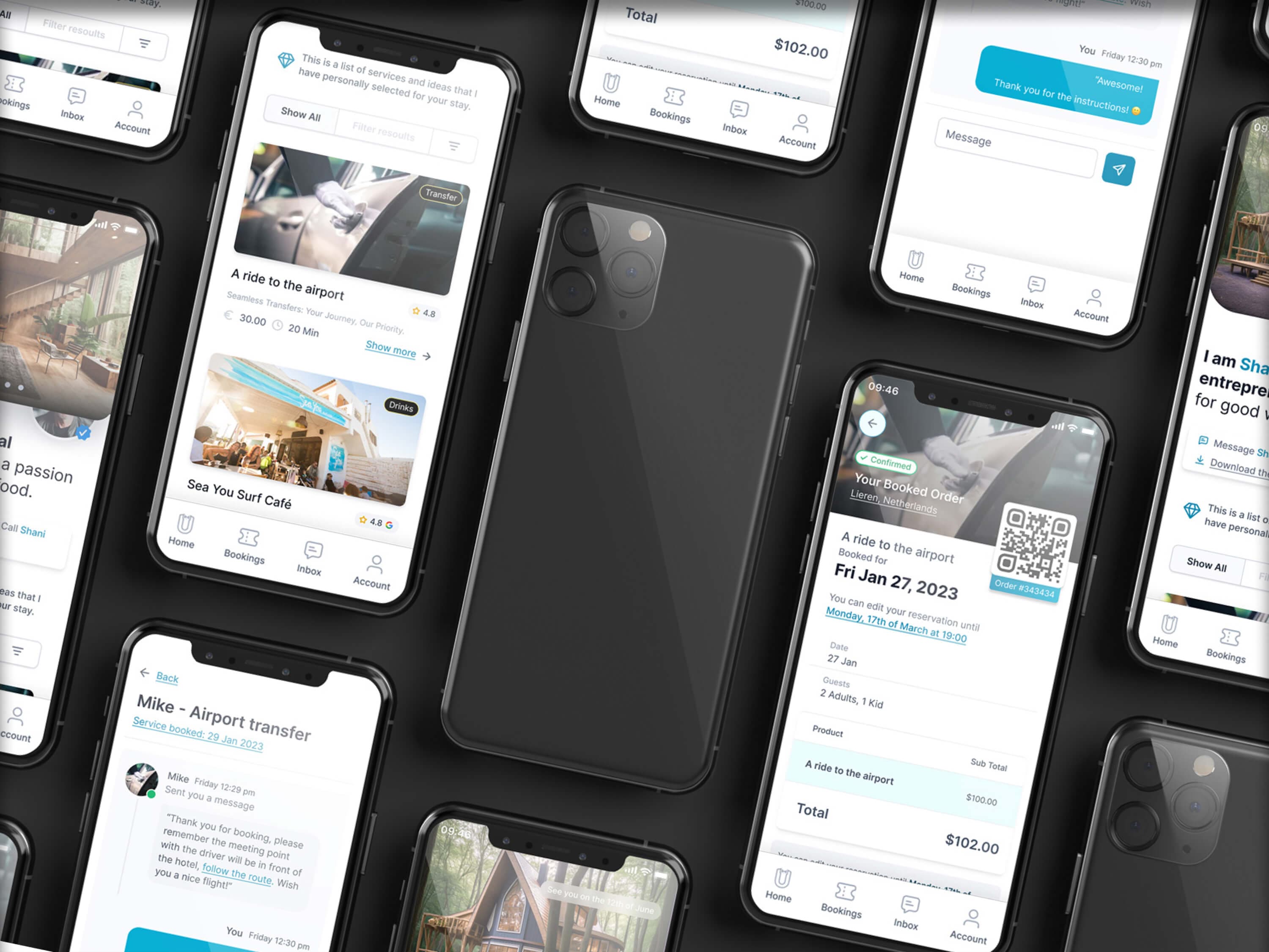 UI showcase — the finished screens tilted on a dark surface around a phone seen from the back: the services feed with the airport transfer and cafe cards, the host chat, and the confirmed booking with its QR code
