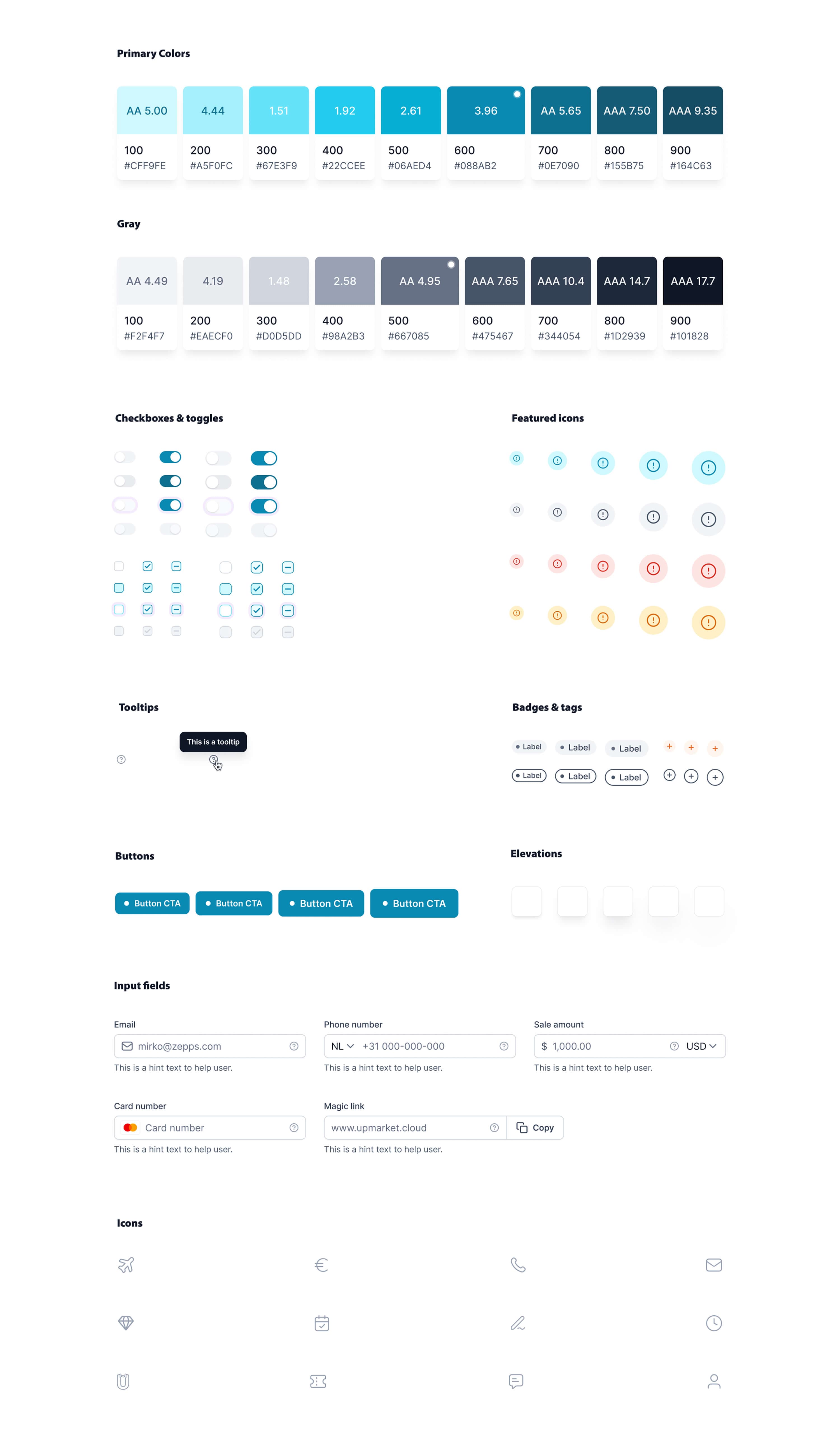 Design system, foundations — the primary and gray color scales with their contrast ratios and hex values, checkboxes and toggles, featured icons, tooltips, badges, buttons, elevations, input fields and the icon set
