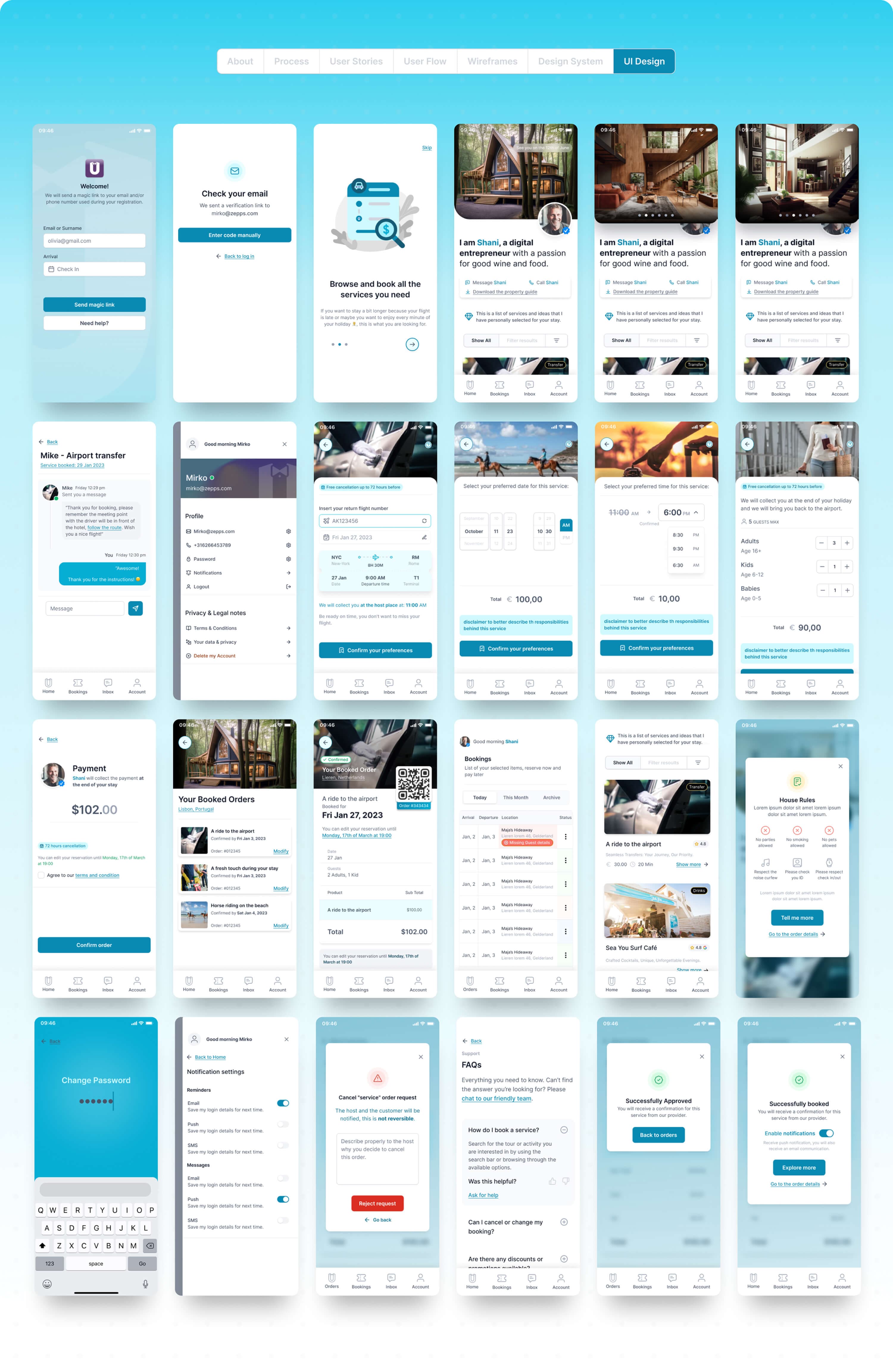 UI design — the full screen library: onboarding and magic-link sign in, host profile variants, chat, booking flows with date, time and guest pickers, payment and confirmation, bookings list, account and notification settings, cancellation, FAQ and success states