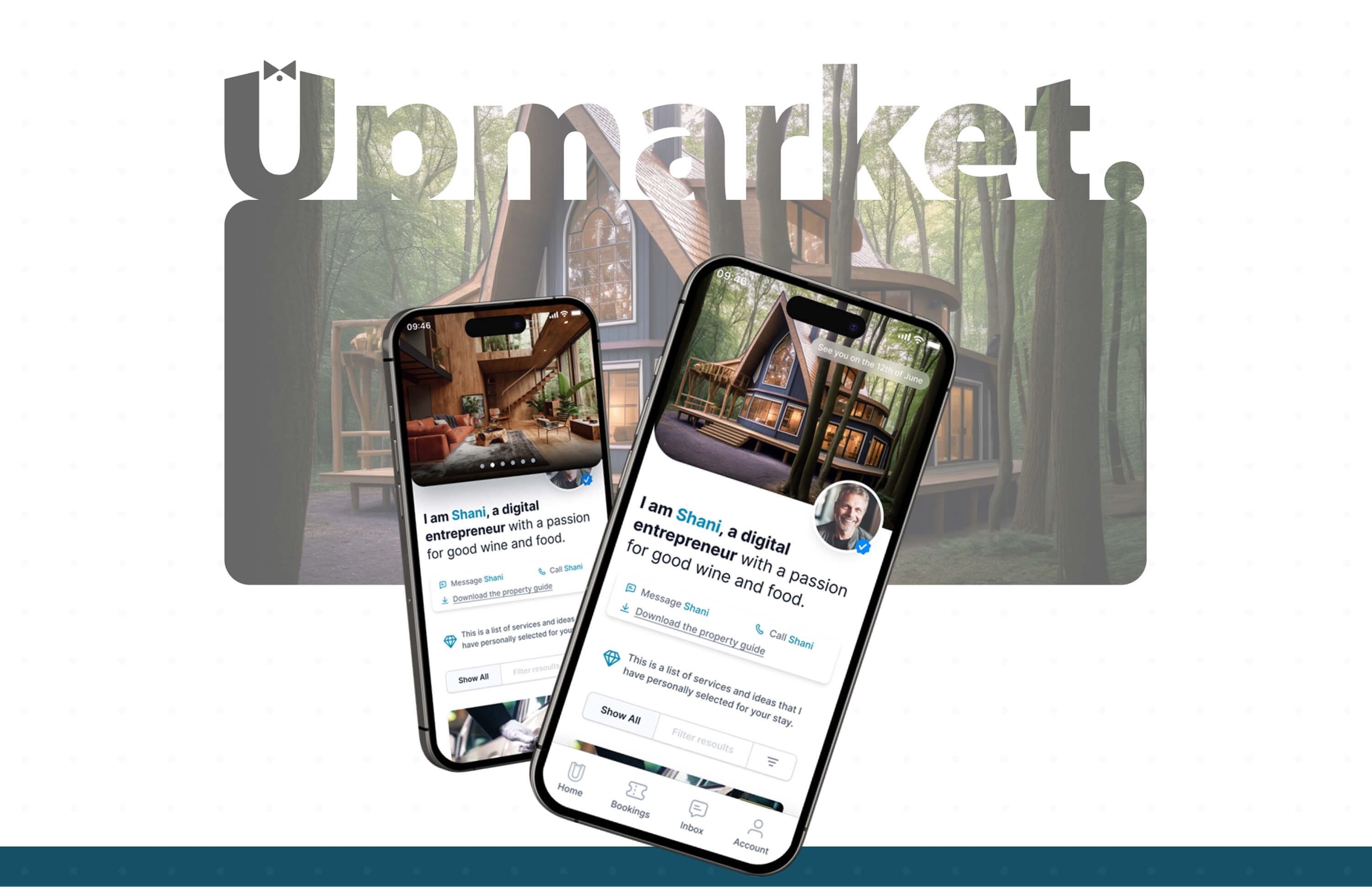 Closing slide — two phones showing the host profile with the property carousel, over the forest lodge and the Upmarket wordmark