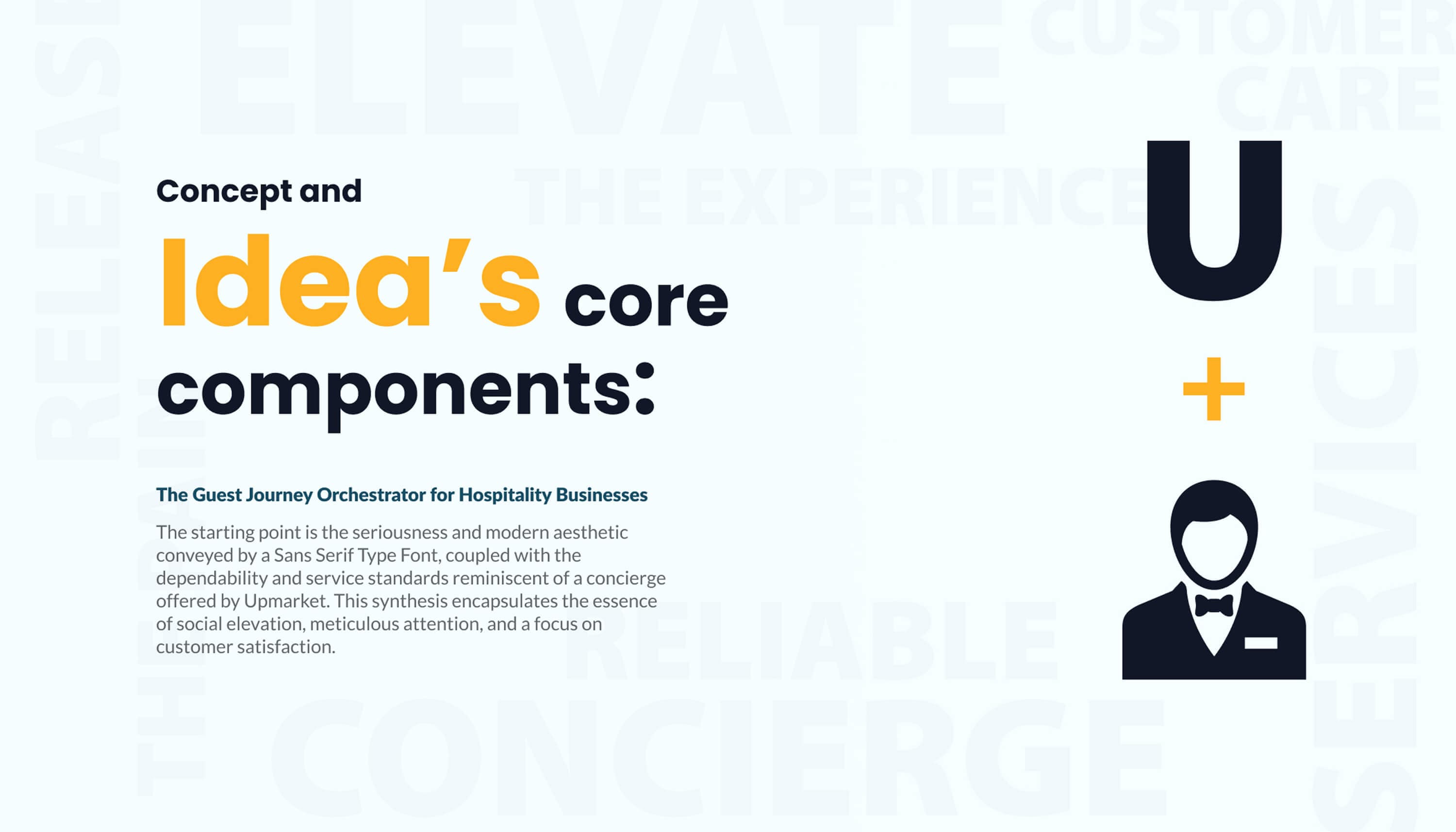 Concept and idea's core components — the guest journey orchestrator for hospitality businesses: the seriousness of a sans serif joined with the dependability of a concierge, shown as the letter U plus a butler in a bow tie, over ghosted words like elevate, reliable and concierge